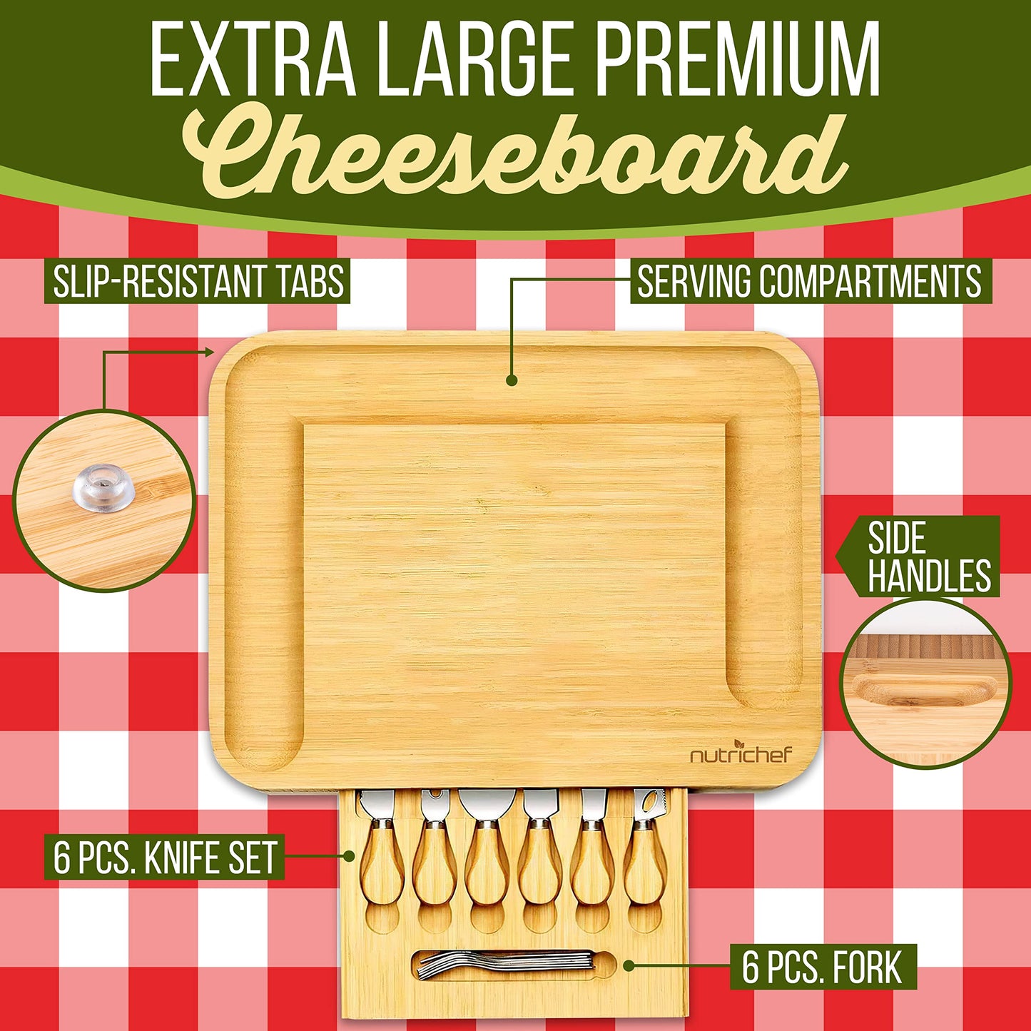 NutriChef Bamboo Cheese Board, Large Charcuterie Board Set with 6 Knives & 6 Forks, 100% Organic Wood Gift Set for Wedding, Birthday, Anniversary, House Warming Gifts New Home