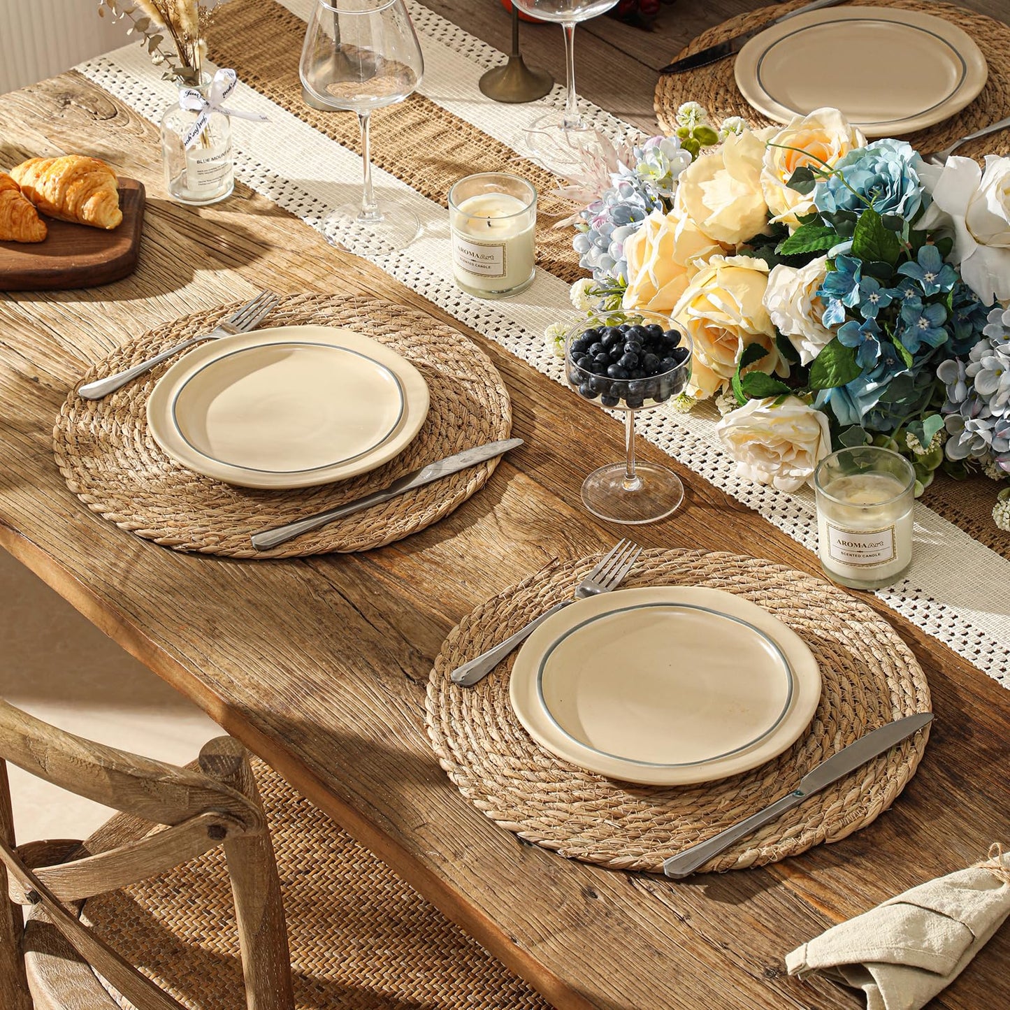 Round Woven Placemats Set of 12, 13.5 inch Boho Rattan Chargers for Dinner Plates, Rustic Wicker Place Mats, Hand-Woven from Natural Hyacinth, for Dining Table, Farmhouse, and Thanksgiving