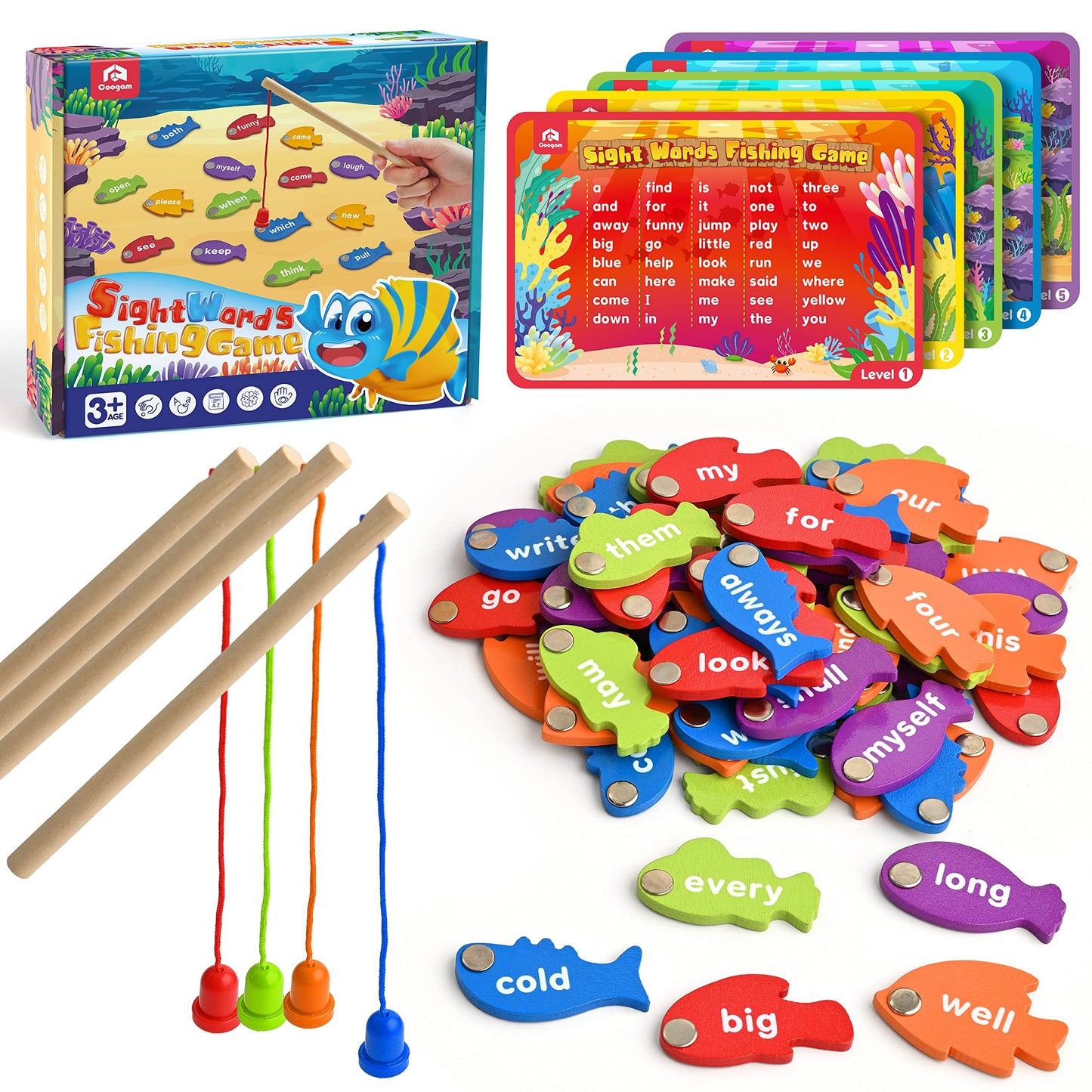 Coogam Wooden Magnetic Fishing Sight Words Game Learning Dolch Word Flashcards Montessori Educational Toy for Preschool Kids