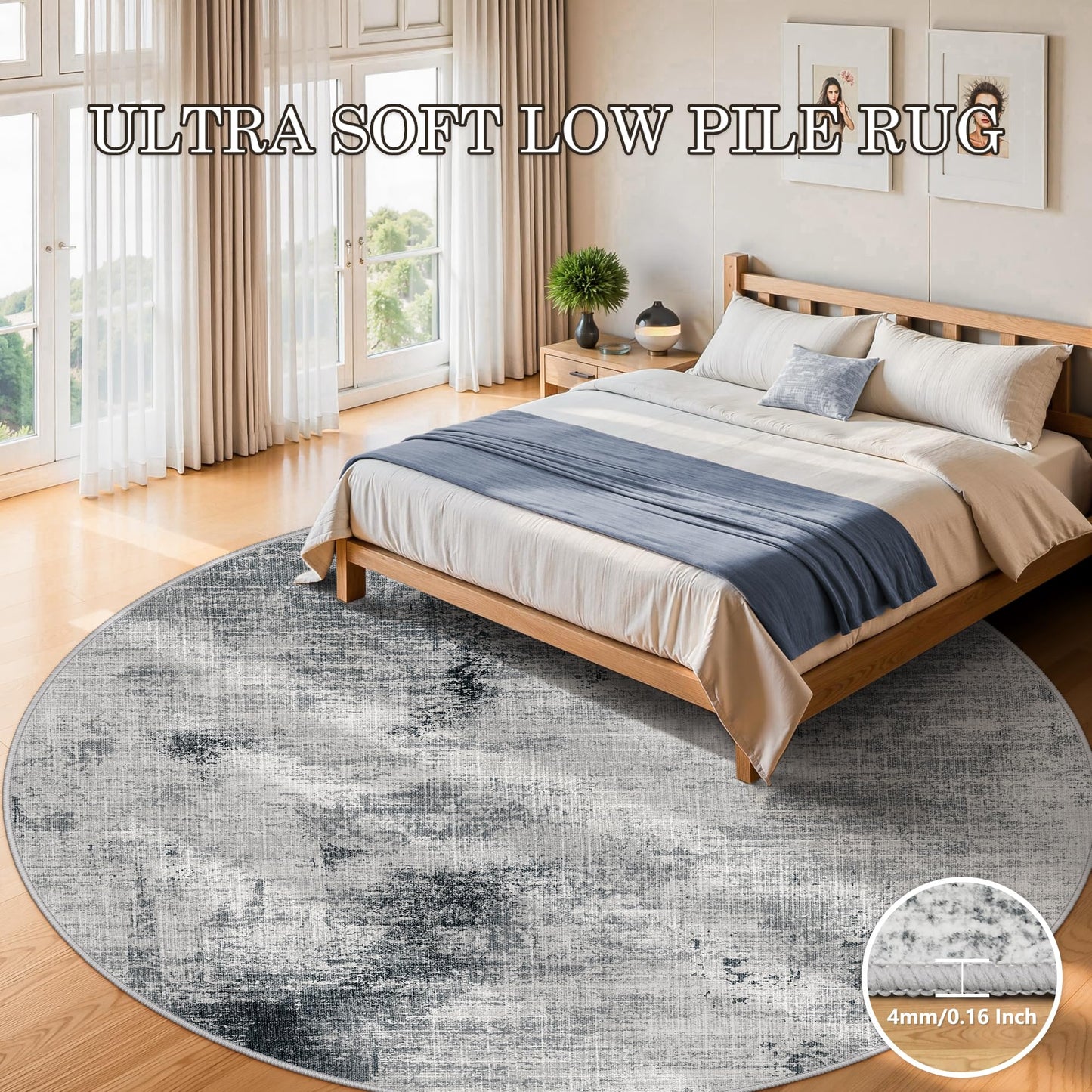 6ft Washable Round Rug - 6x6 Area Rugs Modern Abstract Rugs for Living Room Non-Slip Low Pile Soft Machine Washable Carpet for Bedroom, Living Room, Dining Room, Nursery, Farmhouse (6'x6' Dark Grey)