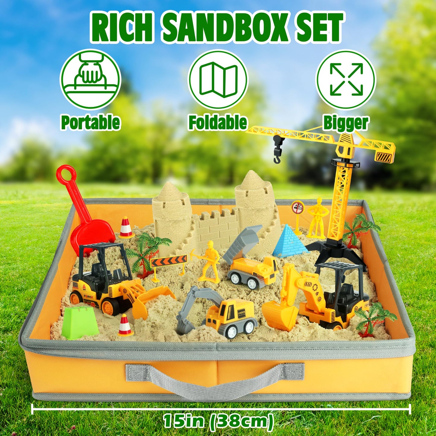 Billeeit Sand Construction Kit with A Big Foldable Sandbox and 2.2lbs Magic Sand, Truck Sand Construction Toys Including Castle Molds and Other Accessories 36Pcs Total, Play Sand Art Set for Kids 3+