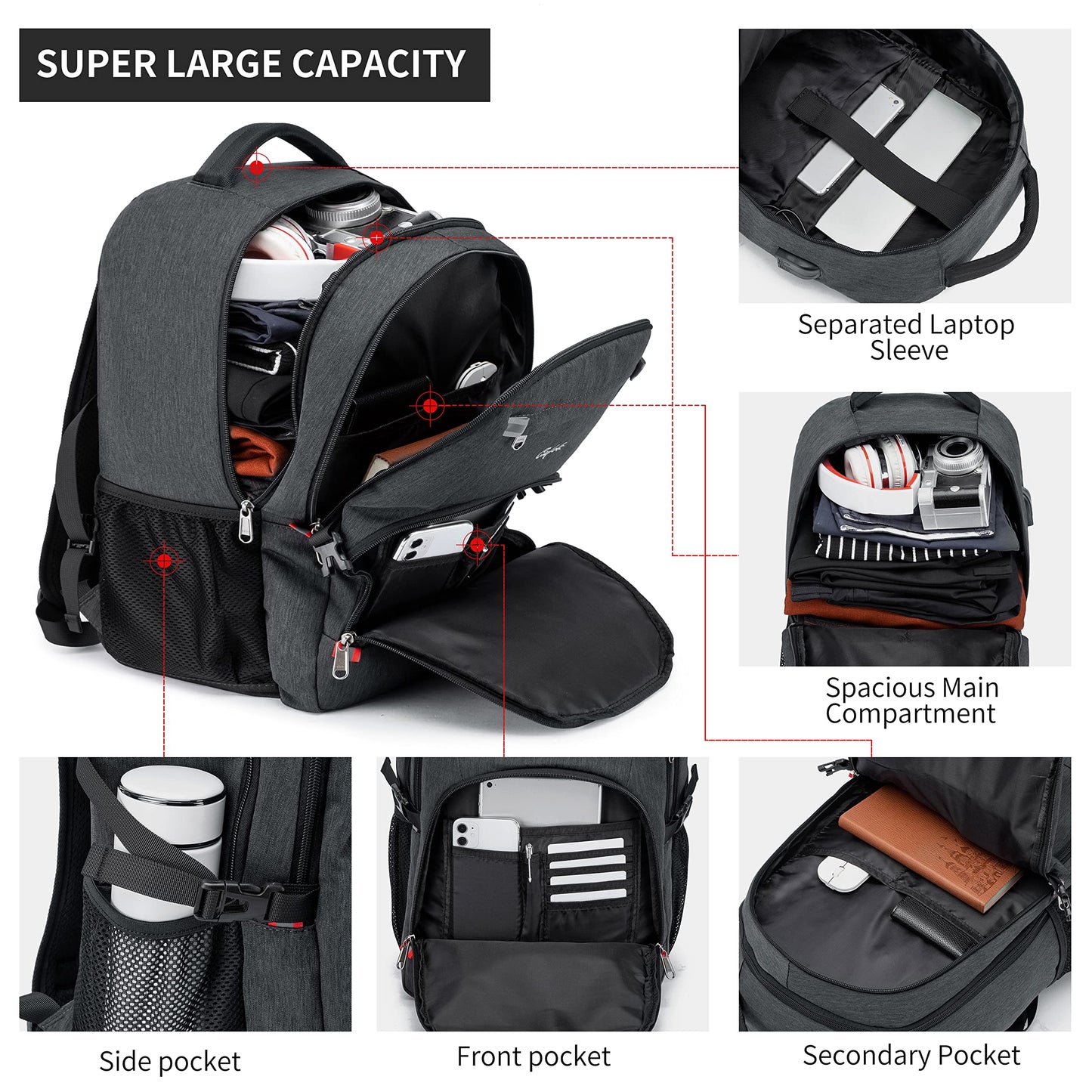 Cafele Backpack,Waterproof Large 17in Laptop Backpack for Trip School Work Bookbag Computer Rucksack with USB Charging Port,Water Resistant Sturdy Backpack for Men Women,Grey