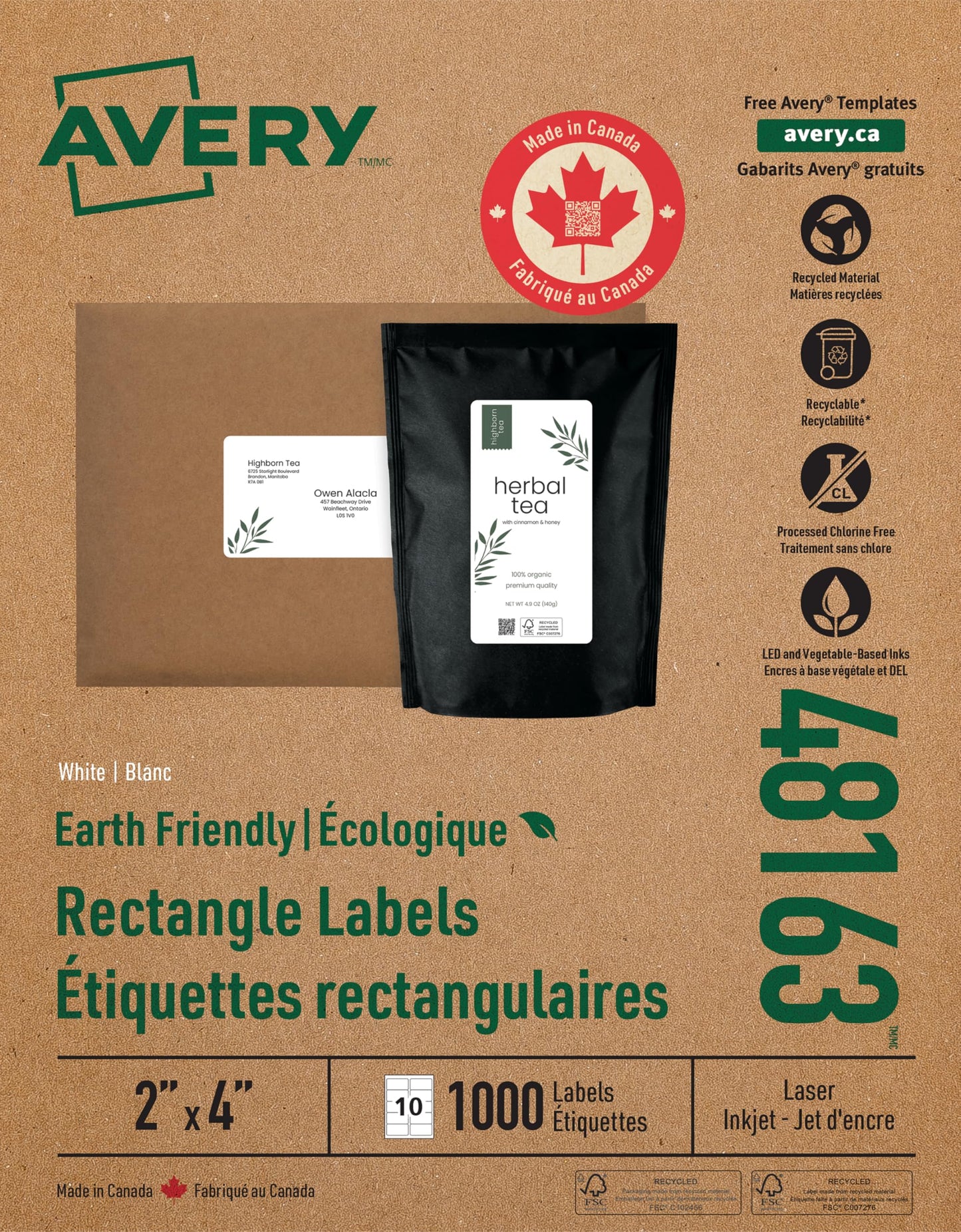 AVERY White Ecofriendly Mailing Labels, 2" x 4", White, Rectangle, 1000 Labels, Permanent (48163) Made in Canada