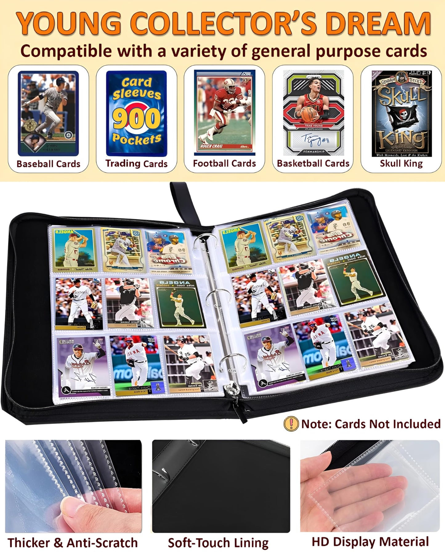 Baseball Card Binder 900 Pockets, 50 Sleeves Large Baseball Binder 3 Ring Zipper Trading Cards Holder 9 Pocket, Sport Collection Book Storage Organizer, Blue Album Folder Case Protector Collector Gift