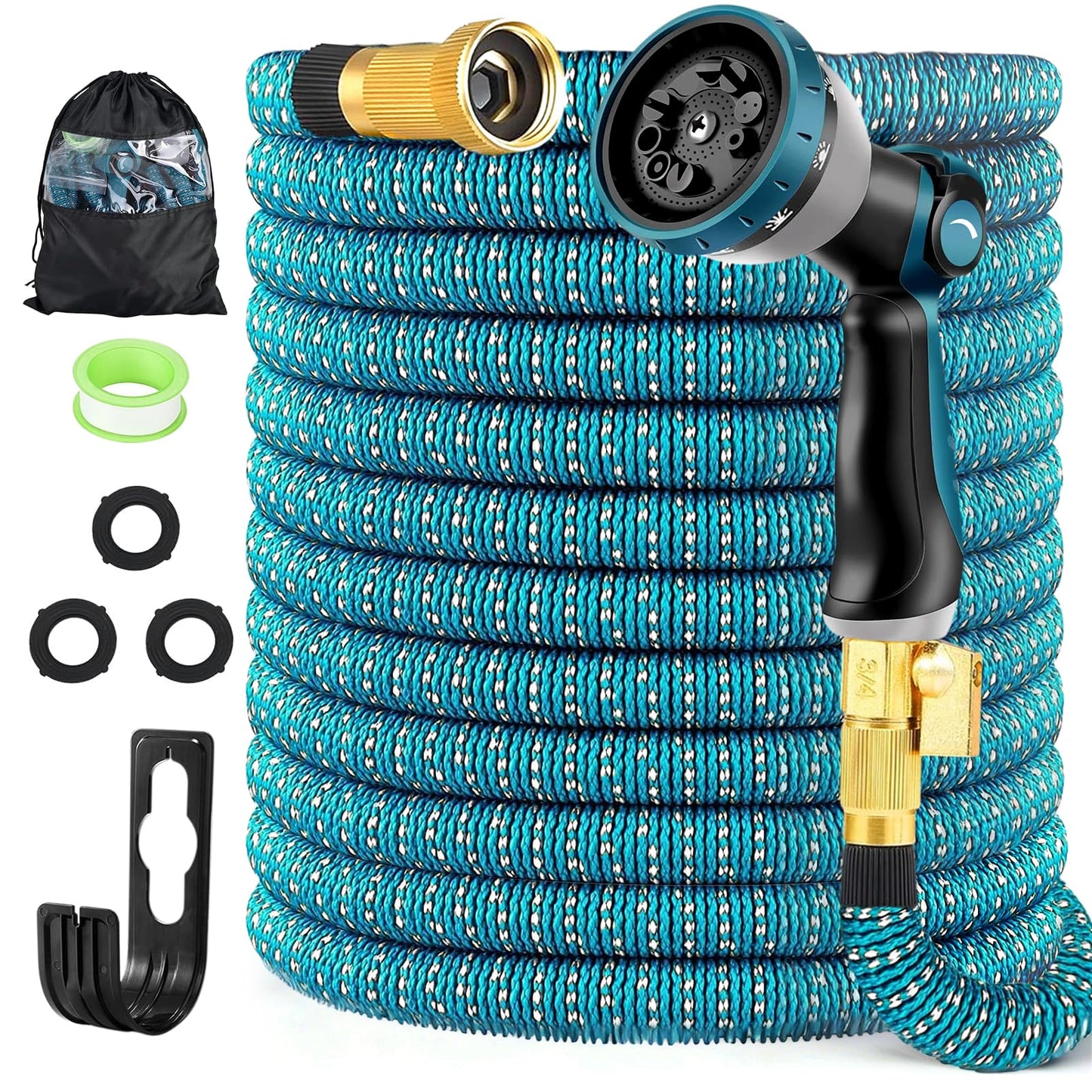 Expandable Garden Hose 100ft with 10 Spray Functions Nozzle,Kink Free Lightweight Retractable Watering Pipe with Hook,Storage Bag,3/4 Solid Solid Fittings,3-Layers Latex,Blue
