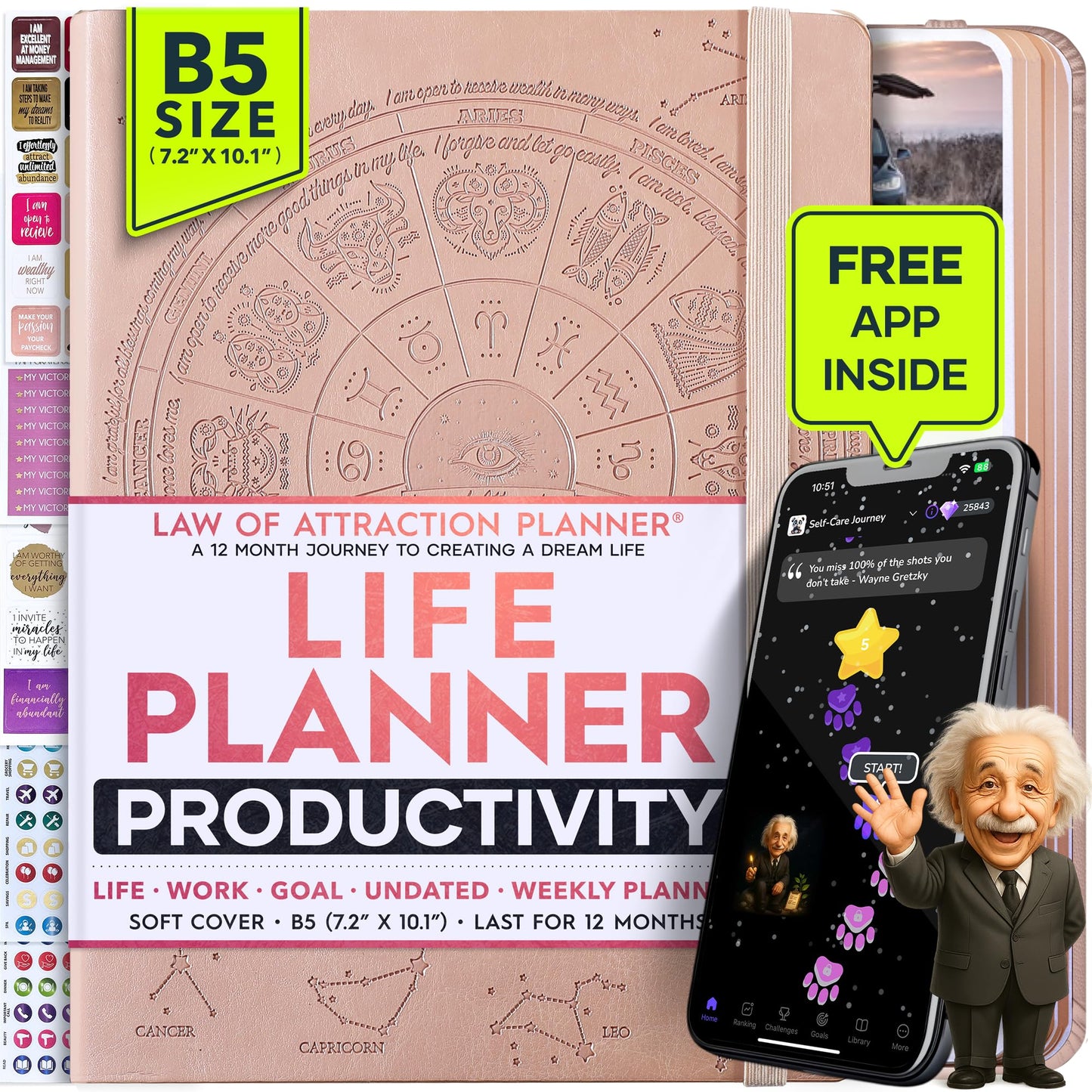 Law of Attraction Planner 2025 – Undated Hourly, Weekly & Monthly Goal Setting Planner, 12-Month to Increase Productivity | Life & Gratitude Journal, Include Foldable Vision Board, Gift Box & Stickers