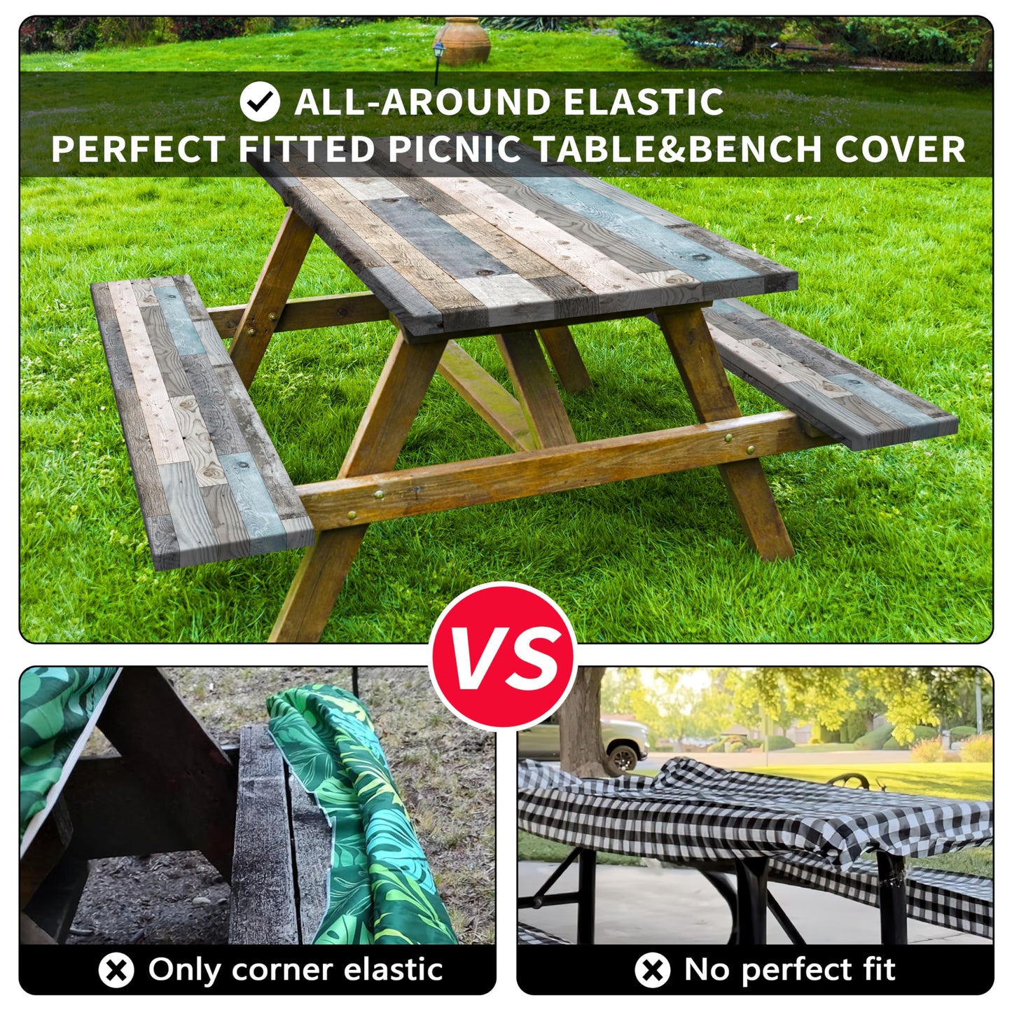 Picnic Table Cover with Bench Covers Farmhouse Outdoor Picnic Table Covers with Elastic Waterproof Tablecloths for Rectangle Picnic Tables for Camping Party Travel