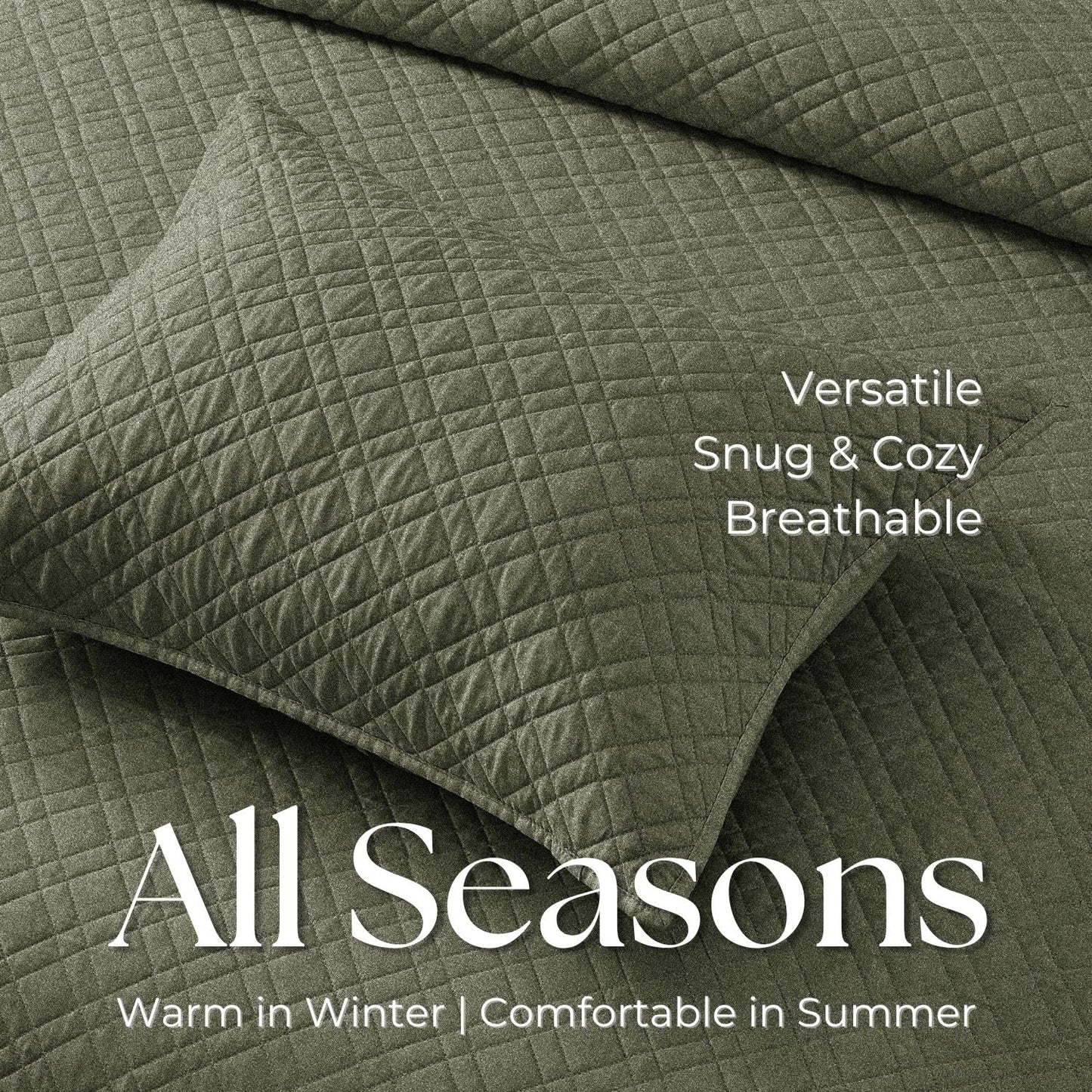 King Quilt Set with Shams Lightweight Quilted Bedspread Coverlet Thin Comforter Bed Cover Vintage Washed Quilted Blanket for All Season, Brushed Microfiber Diamond Stitching, Olive, 104"x92"