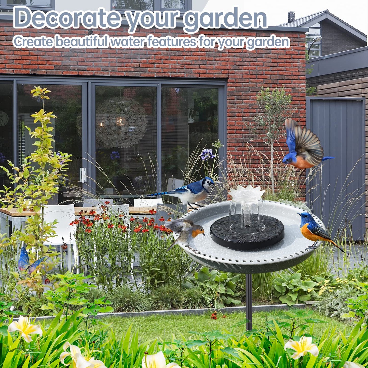 Feemiyo Solar Powered Bird Bath Fountains for Hummingbirds,Stable Stylish Design with 5-Prong Base Metal Stake Bird Baths Fountain for Lawn Patio Yard Garden (Grey)