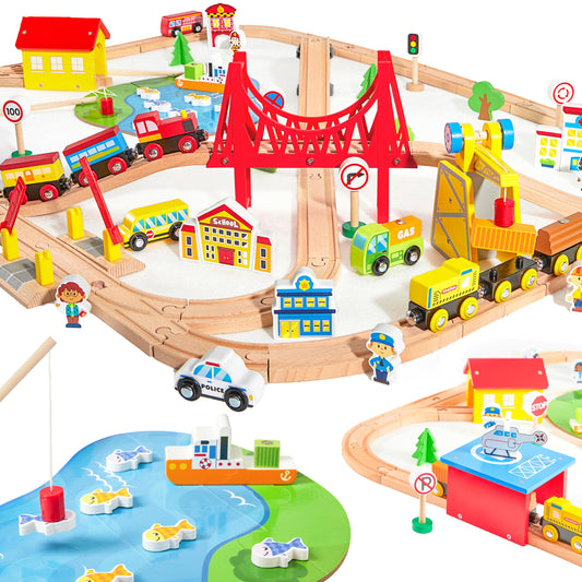 110PCS Montessori Wooden Train Set - Urban Journey, City Scene Railway Set with Magnetic Trains, Cars, Helicopter & Ship, Perfect Xmas Birthday Party Toy Gift for Kids Toddlers Boys Girls Ages 3-8