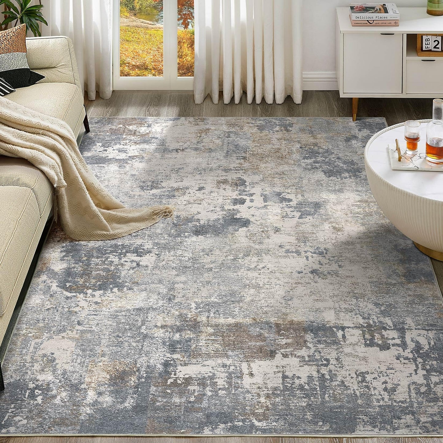 UERMEI 5x7 Area Rug Living Room Rugs - Washable Neutral Modern Abstract Soft Thin Large Rug Indoor Floor No Slip Rug Carpet for Bedroom Under Dining Table Home Office Decor - Blue Grey