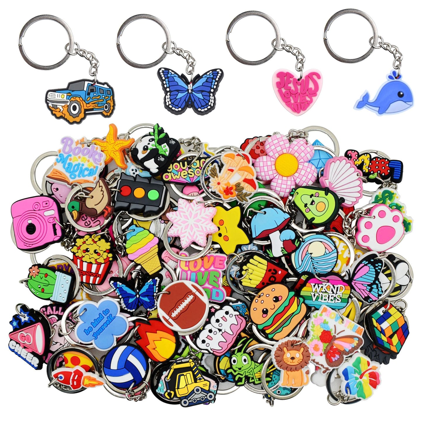 Gibleitz 30/50/100/200pcs Random Different Keychains, Lot Mixed Cute Keyring for Classroom Prizes Students Incentives, Multicolor, Small