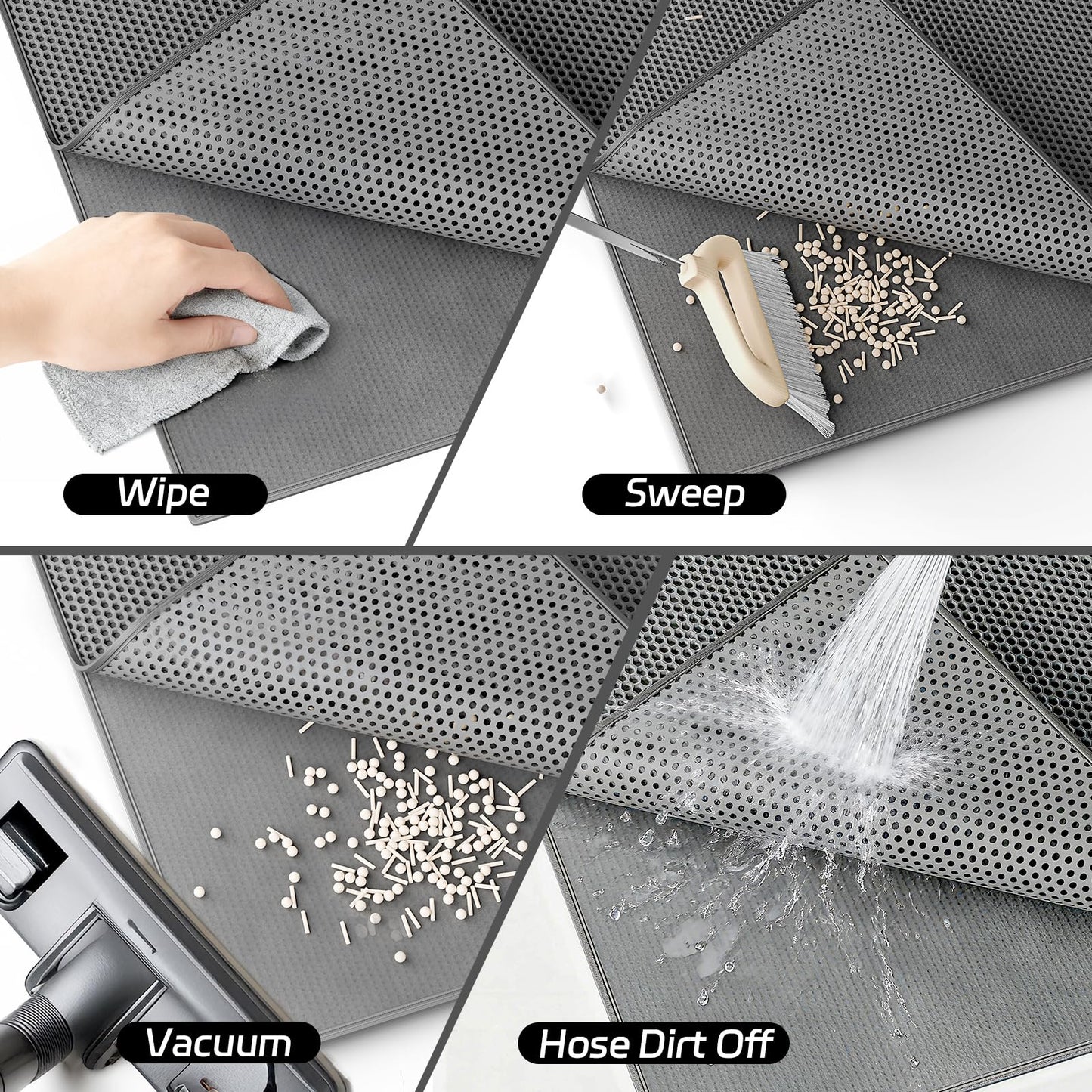 Garoopion Cat Litter Mat, 90 x76 cm Cat Litter Box Mat, EVA Waterproof Trapper, Honeycomb Double Layer Catcher, Easy to Clean, Gray, 1 Side Connected
