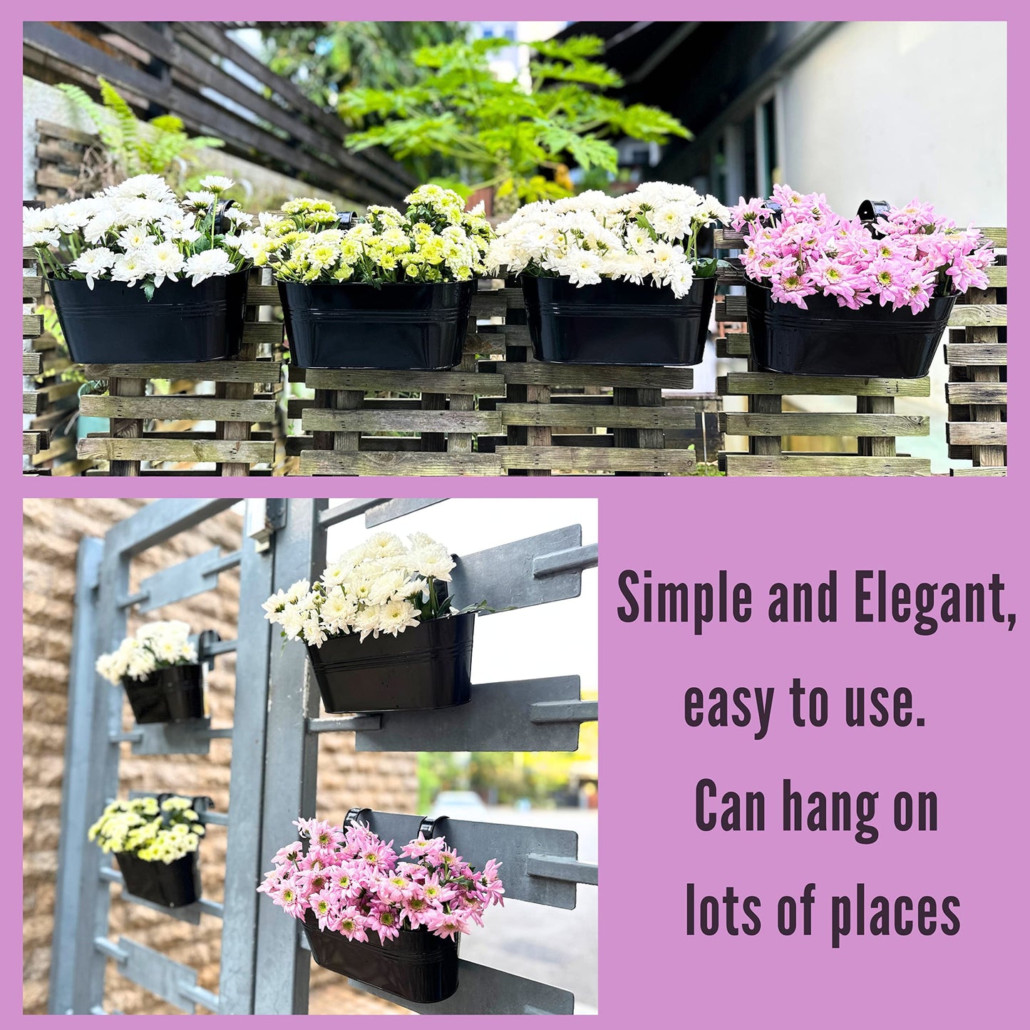 LaLaGreen Rail Planter Outdoor Plants(11.8 Inch, 15 Pack) Black Metal Iron Hanging Flower Pots Deck Railings Fence Buckets Modern Countryside Boho Style Wall Mount Window Box Plant Holder Porch Decor