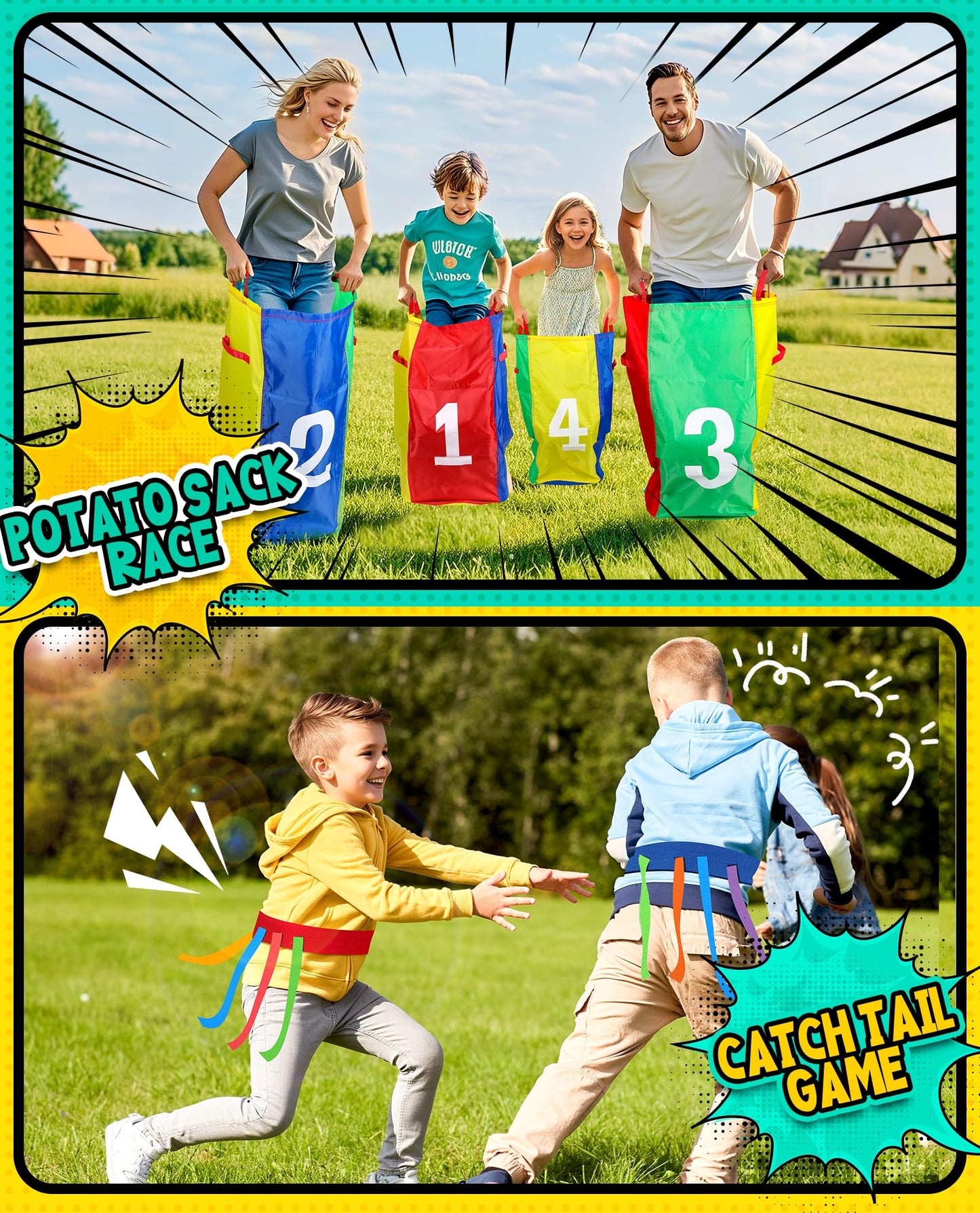 Eocolz Outdoor Carnival Games, Potato Sack Bags for Kids Adults, Egg Spoon Relay Race, 3 Legged Race Bands, Catch Tail Games, Birthday Party, Field Day Family Day Yard Lawn Easter Fall Festival Games