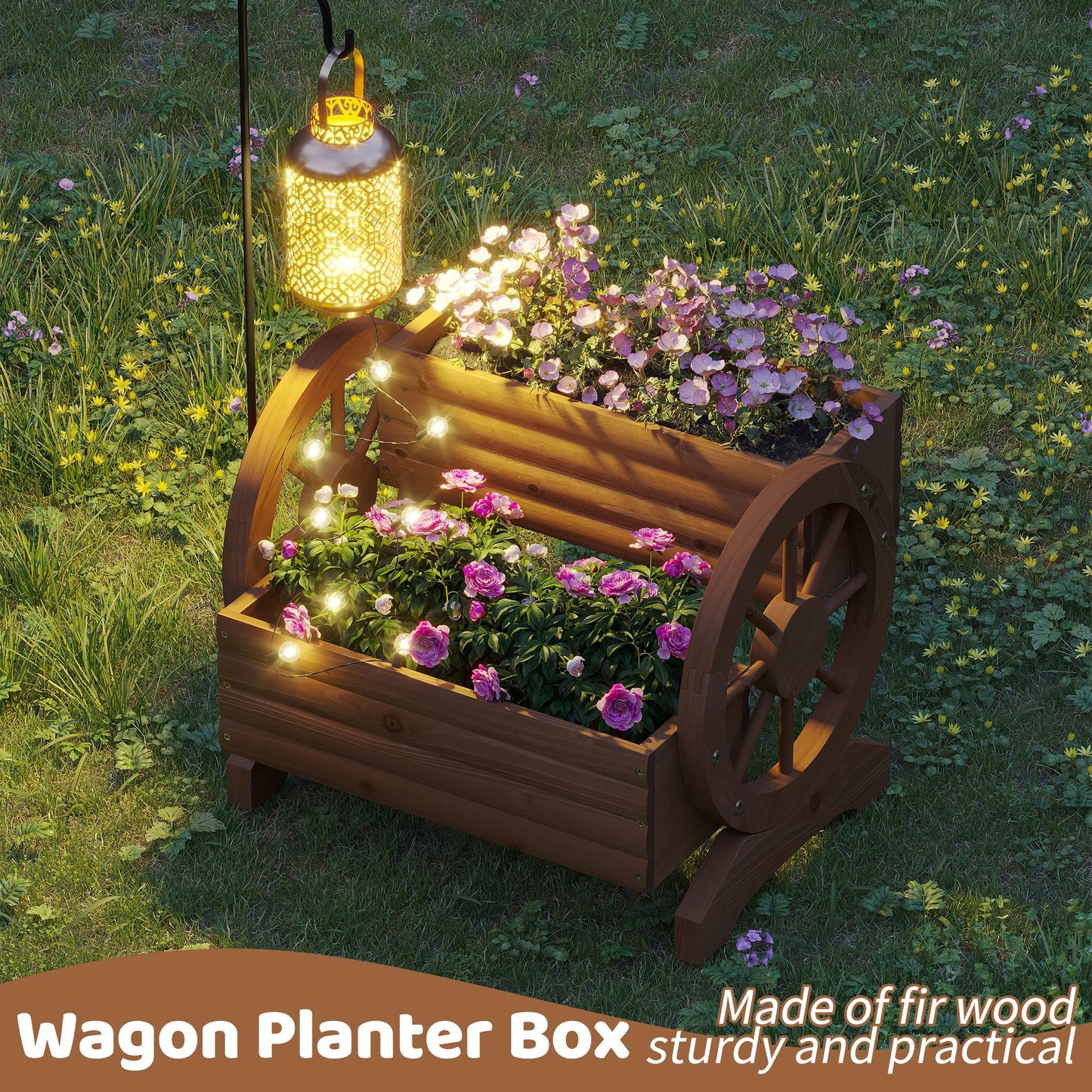 Wooden Wagon Planter Box for Indoor Outdoor Garden Planter Wood Planter Boxes Flower Planters Outdoor with Wheels Planter for Flowers Herbs Vegetables(Brown)
