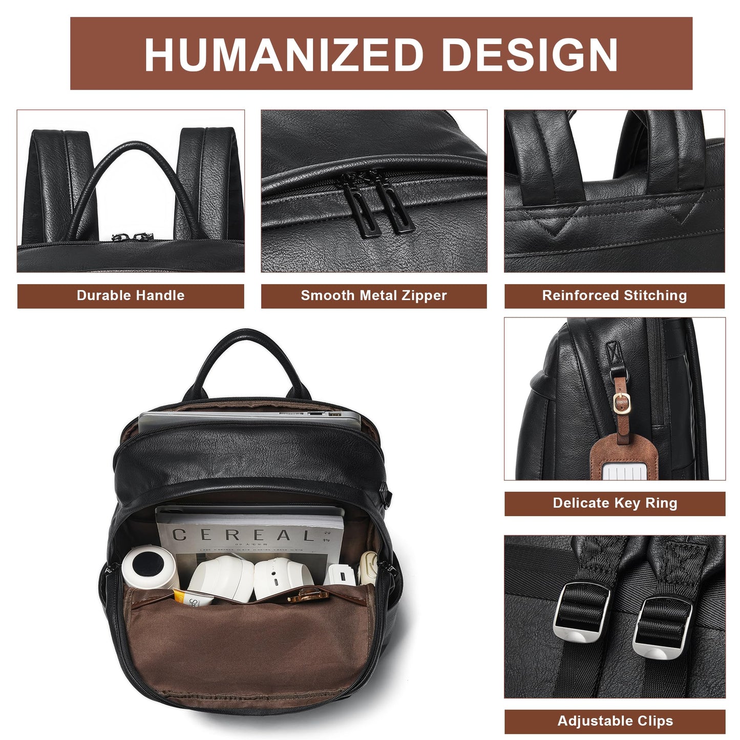 TIAMYI Vegan Leather Backpack for Women Travel Back pack with 15.6 inch Laptop Compartment, Vintage Ladies Computer Backpack, Black