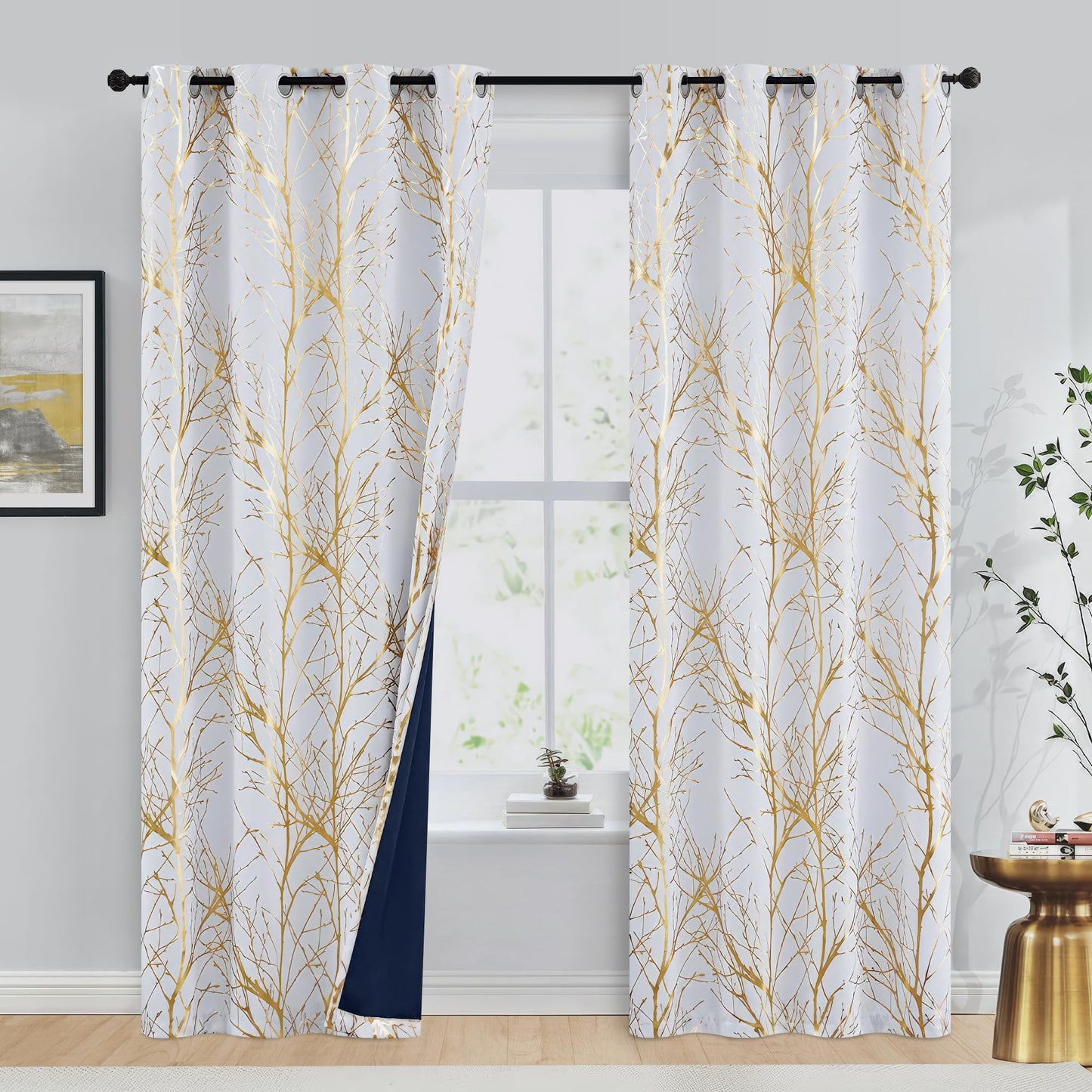 FMFUNCTEX 100% Blackout Curtains for Bedroom Gold Foil on White Curtains 84 Inches Long for Living Room Tree Branch Metallic Pattern Curtains Thermal Insulated Room Darkening Drapes 2 Panels Grommet