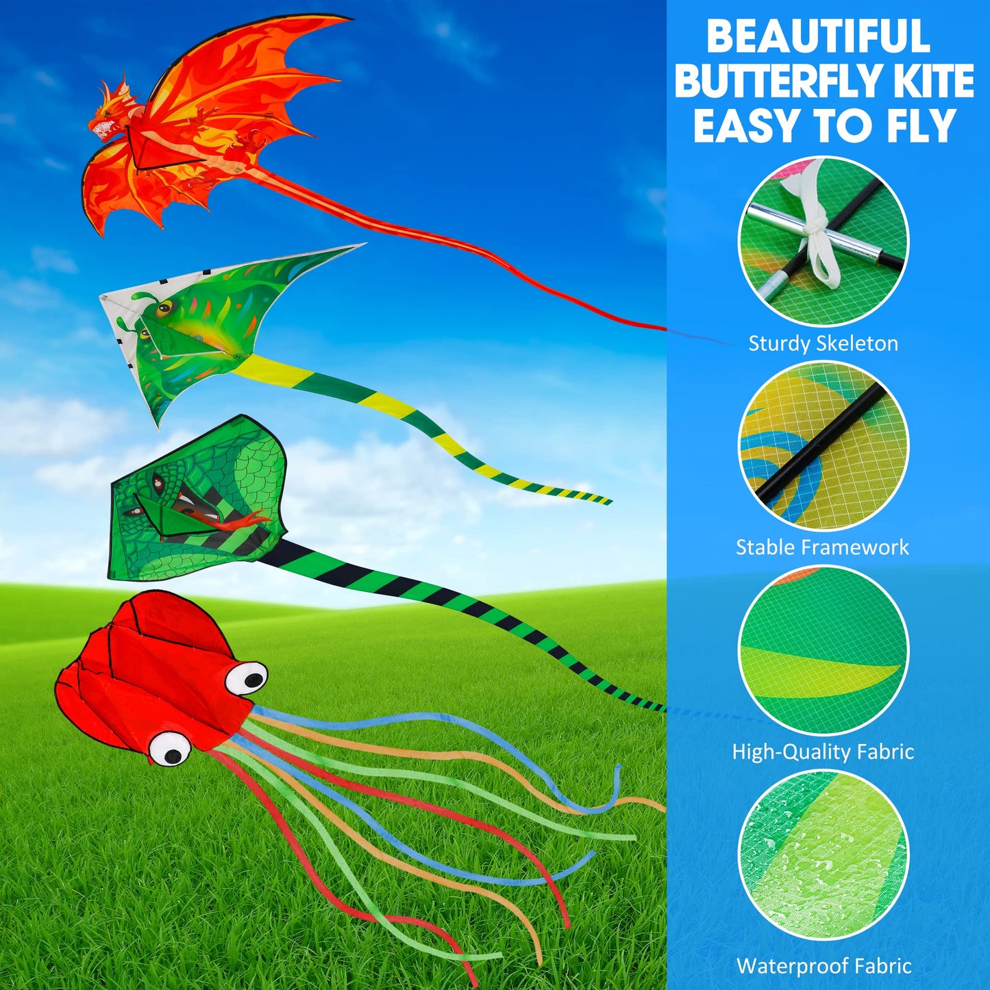 4 Pack Kites - Large Fire Dragon Kite Green Snake Devil Fish Red Mollusc Octopus with Long Colorful Tail for Kids Adults Outdoor Game Activities