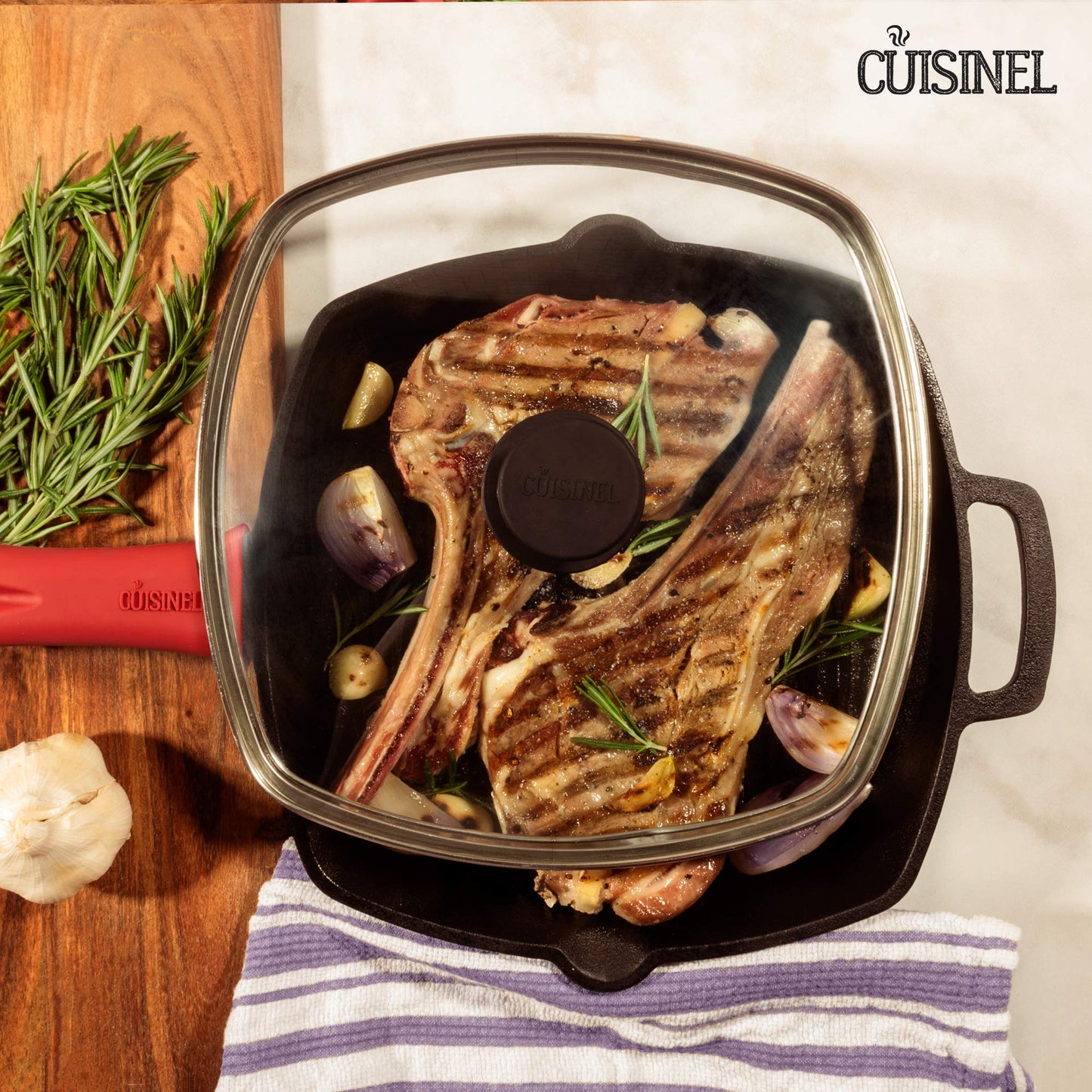 Cast Iron Square Grill Pan with Glass Lid - 10.5 Inch Pre-Seasoned Skillet with Handle Cover and Pan Scraper - Grill, Stovetop, Induction Safe - Indoor and Outdoor Use - for Grilling, Frying, Sauteing