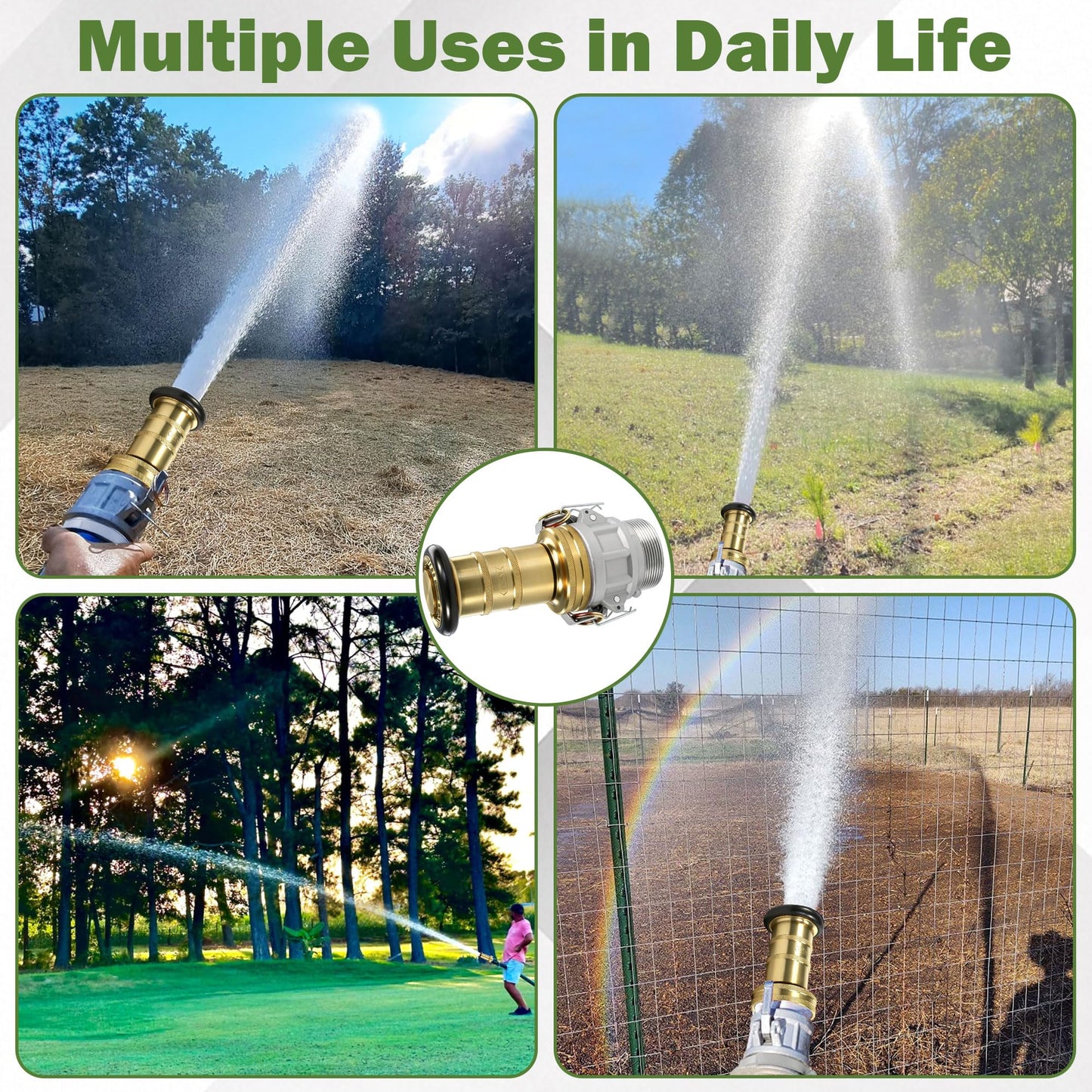 SpringSpray 2" NPSH Brass Industrial Fire Hose Nozzle with 2 x Aluminum 2 inch Camlock Fittings Couplings Fire Equipment Constant Flow Heavy-Duty Fog Nozzle