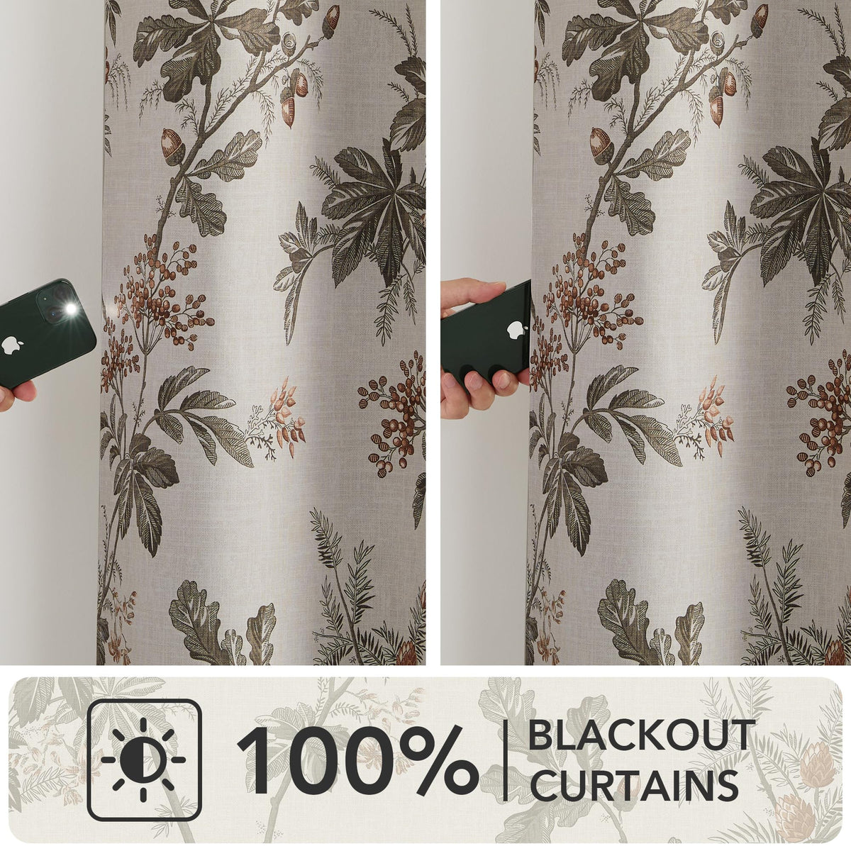 NICETOWN Dark Mallard Blackout Curtains 52 x 84 Inch， 2 Panels Set - Floral Print Window Drapes for Living Room & Bedroom， Energy Efficient Thermal Insulated Grommet - Farmhouse & Tropical Style