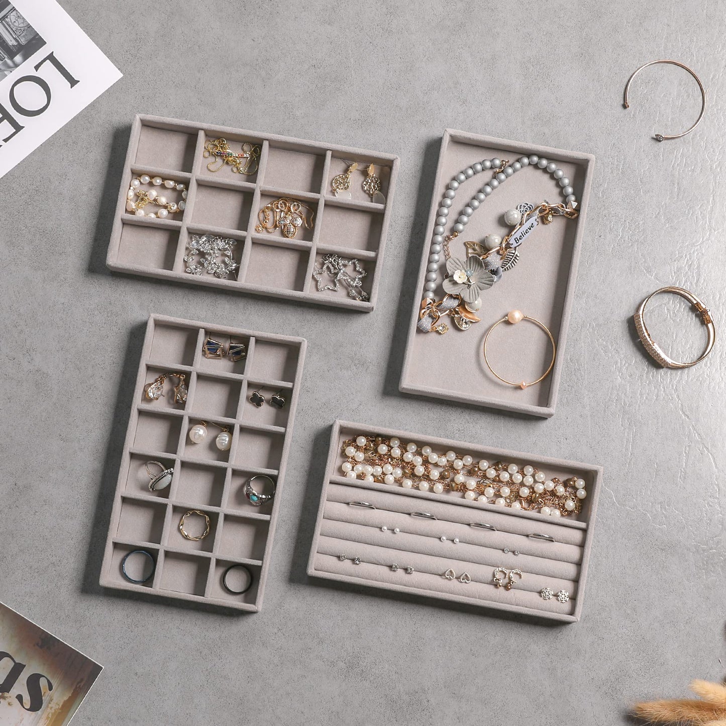 Frebeauty Jewelry Organizer Tray,Stackable Velvet Jewelry Trays,Drawer Inserts Earring Organizer For Women Girls Jewelry Storage Display Case for Rings Stud Necklaces,Set of 9(Grey)