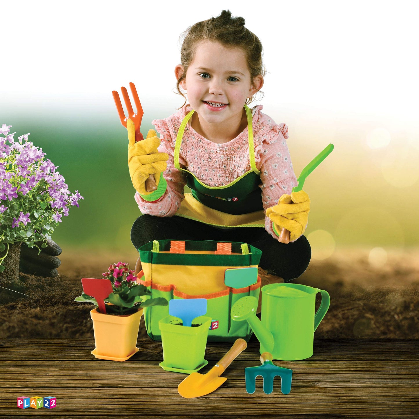 Play22 Kids Gardening Tool Set 12 PCS - Kids Gardening Tools Shovel, Rake Fork Trowel Apron Gloves Watering Can and Tote Bag - Wooden Gardening Tools for Kids Best Outdoor Toys Gift for Boys and Girls