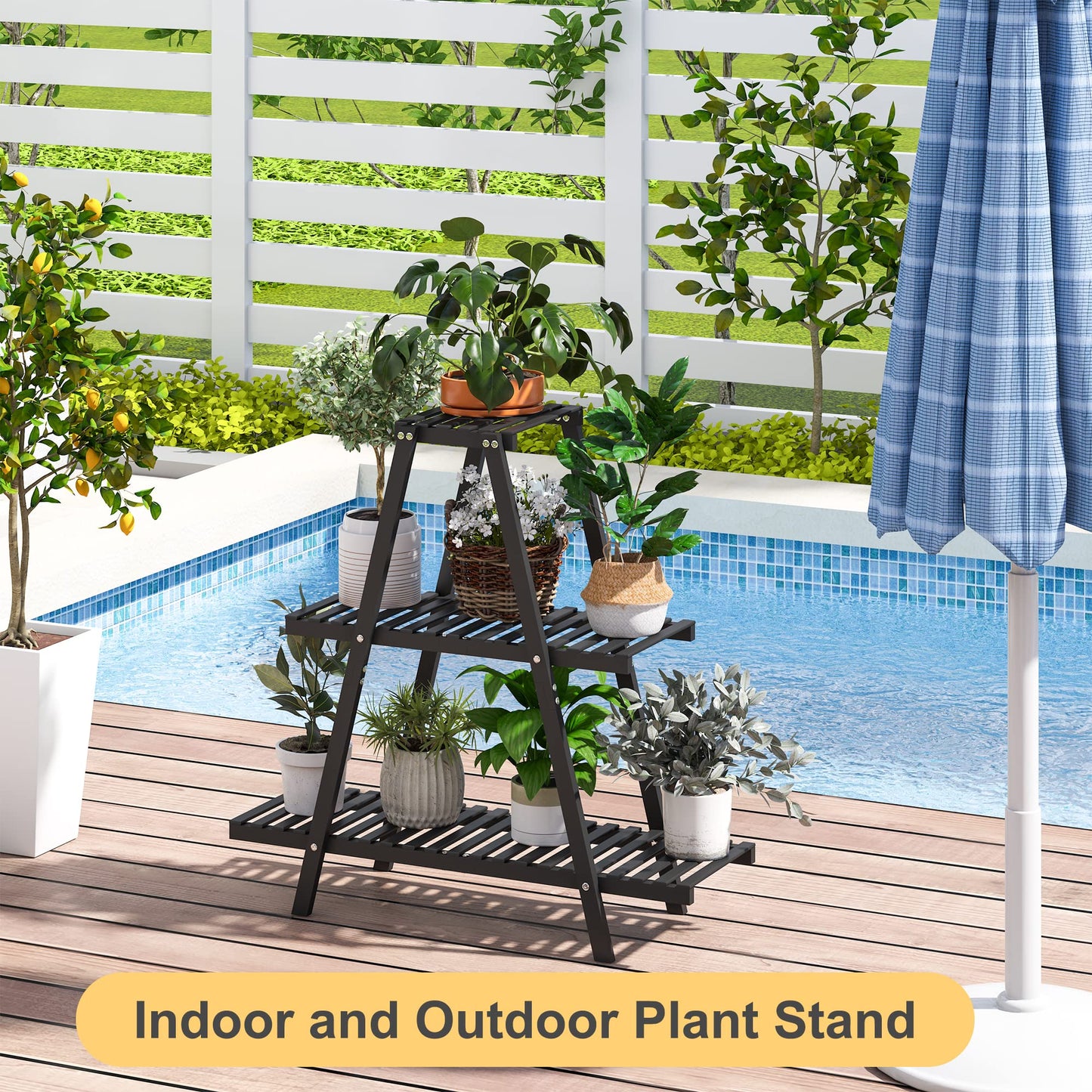 Plant Stand Indoor, Outdoor bamboo Plant Stands for Multiple Plants, 3 Tier 8 Potted Flower Holder Ladder Plant Rack,Plant Shelf Ladder Table Plant Pot Stand for Living Room, Patio, Balcony (3-Tier-Black)
