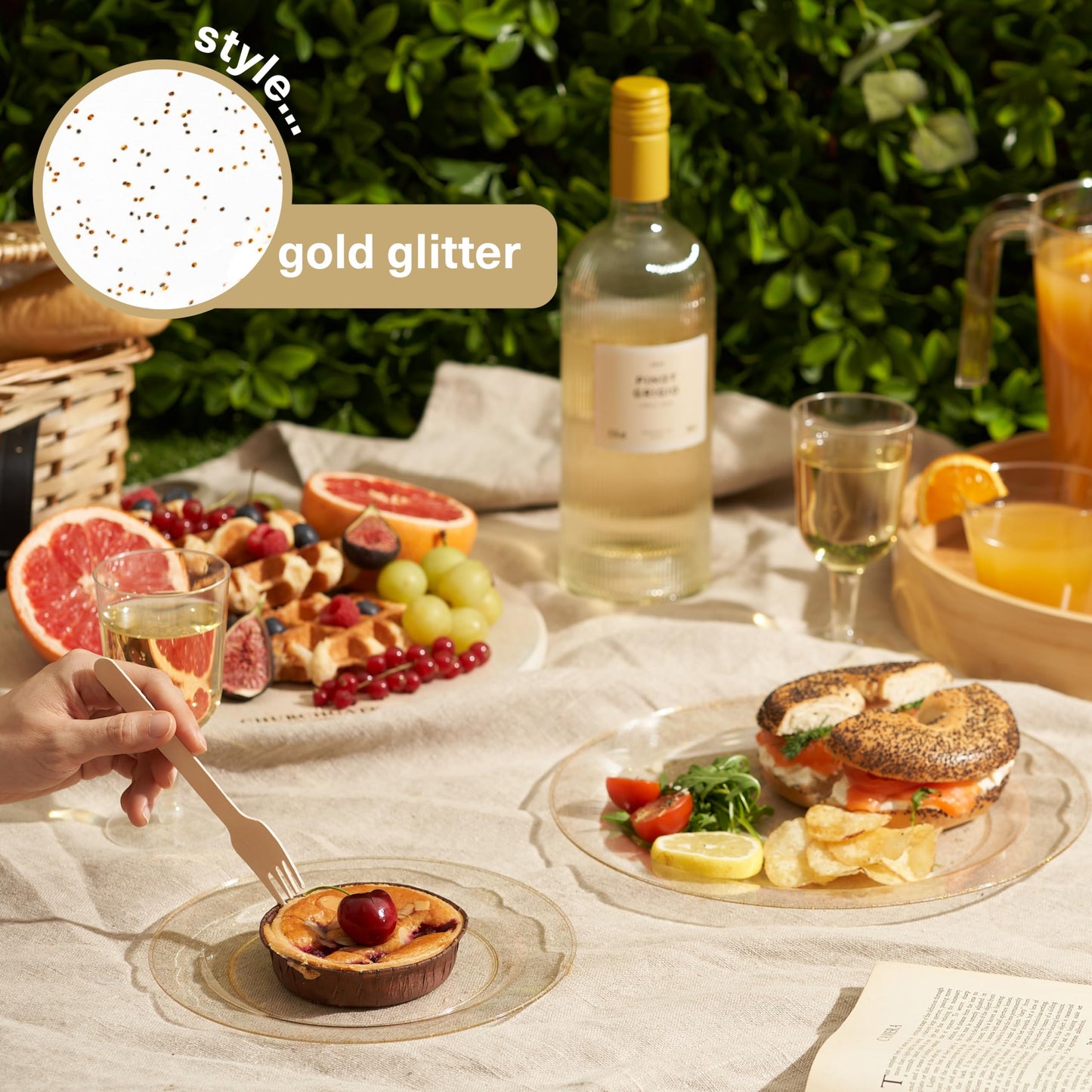 MATANA 120 Pack Elegant Gold Glitter Plastic Plate Set for 60 Guests - 60 Dinner Plates 10.25" and 60 Salad Dessert Appetizer Plates 7.5", Heavy Duty, Premium, Reusable for Wedding Party, Events