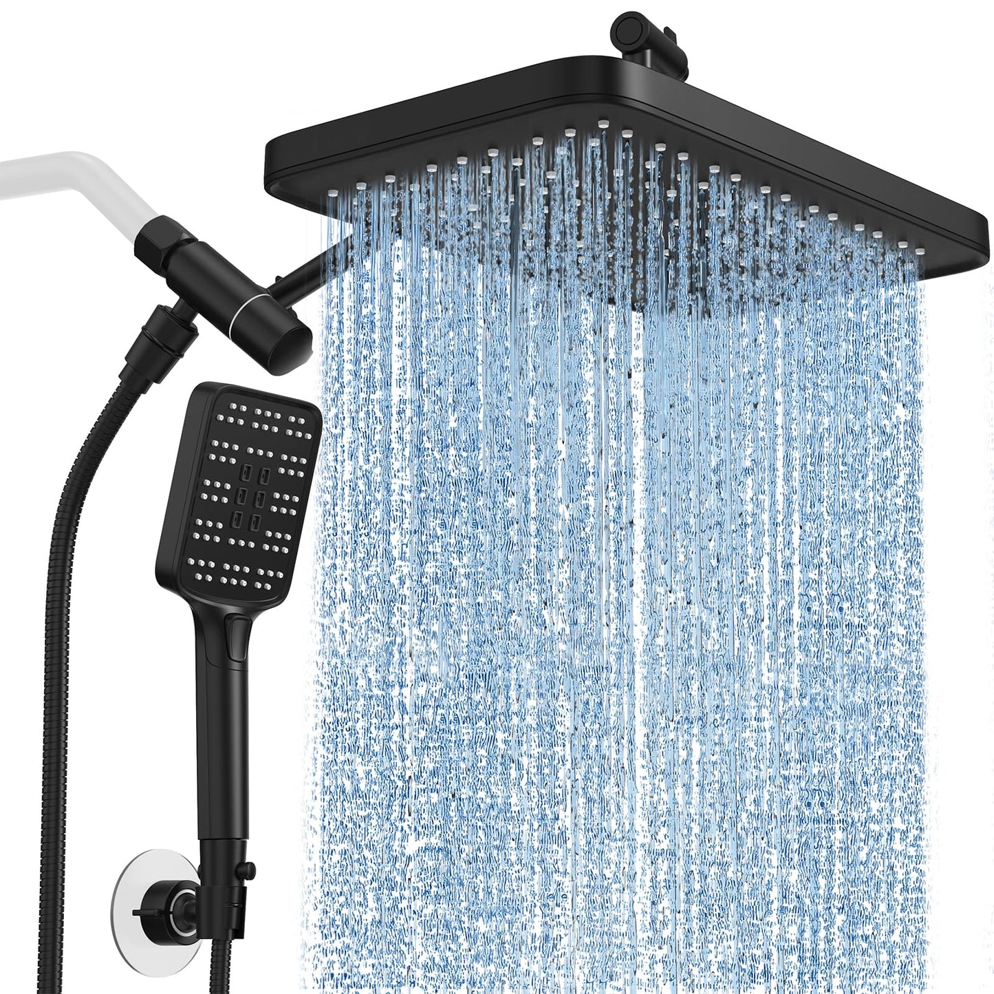 High Pressure Rain Shower Head with Handheld Spray Combo Set, Adjustable 12" Rainfall Dual Shower Head, Double&Tandem Shower Head, Waterfall Showerhead Bathroom -Matte Black