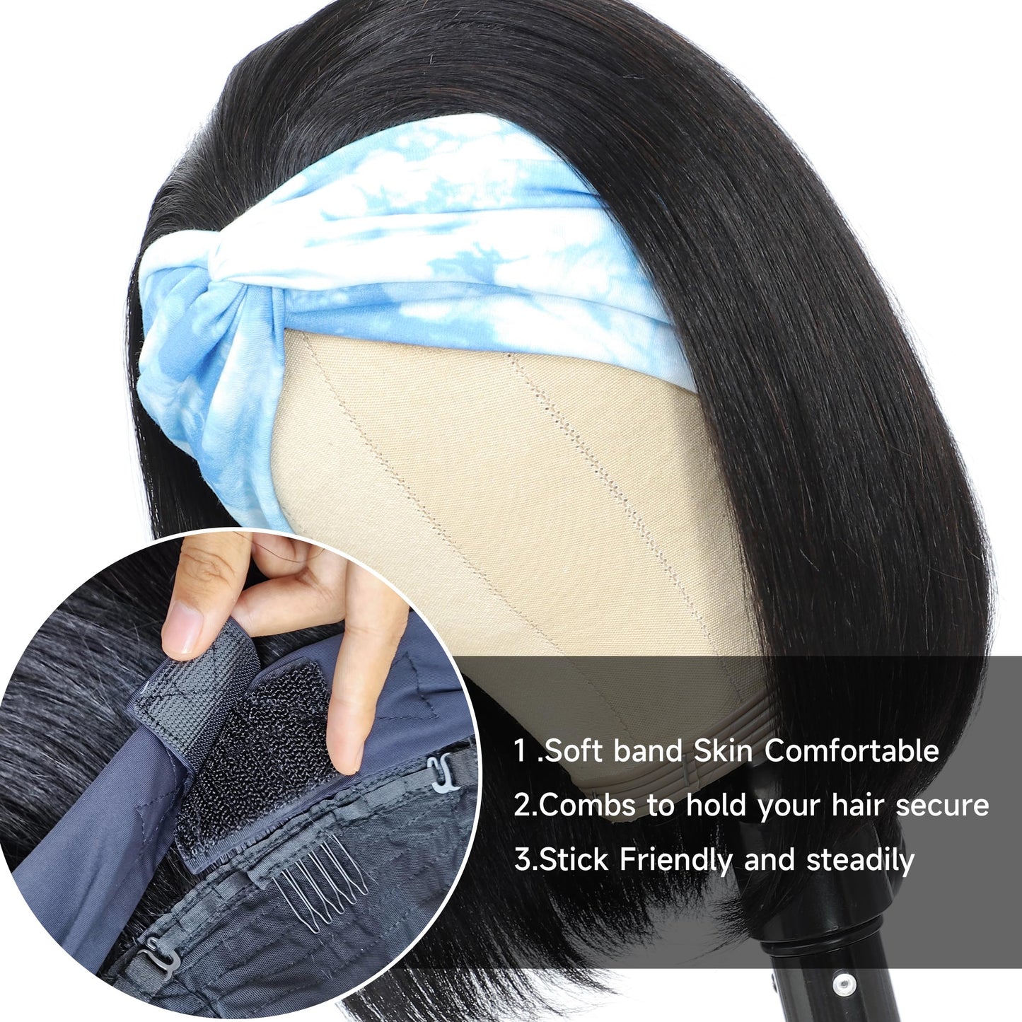Headband Wigs Human Hair 12 Inch Bob Headband Wigs For Black Women Wear And Go Short Bob Wigs Glueless Wigs Human Hair Natural Black Headband Wig Human Hair Straight 150% Density