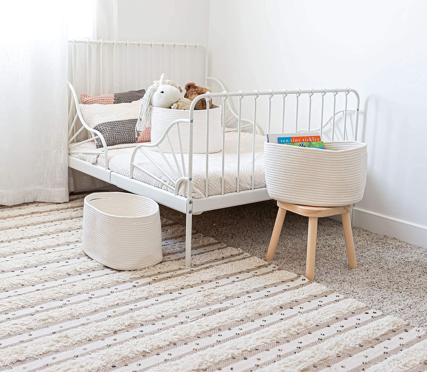 OrganiHaus Off White Soft Woven Baskets for Storage Organization Set of 3, Cotton Rope Storage Baskets for Shelves, Square Book Bins, Bathroom Towel Hamper, Panier Rangement
