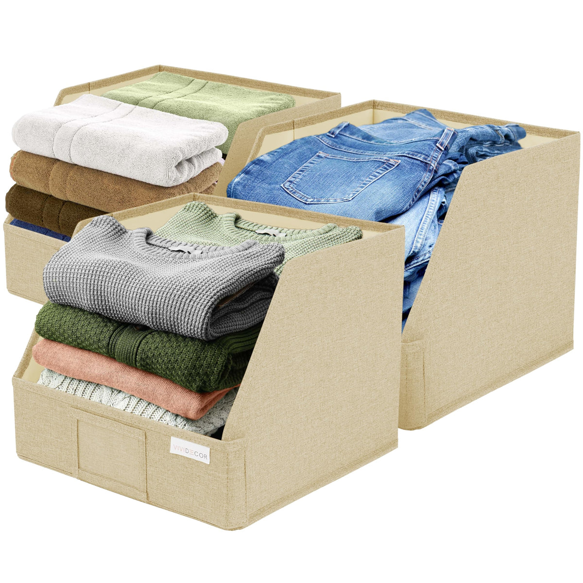 VIVIDECOR Trapezoid Storage Bins – 3-Pack Closet Shelf Organizer & Baskets, Open Front Bin for Shelves, Foldable Fabric Basket for Clothes, Cube Storage Bins, Towel, Clothing Shelf (Beige, 3 Pack)