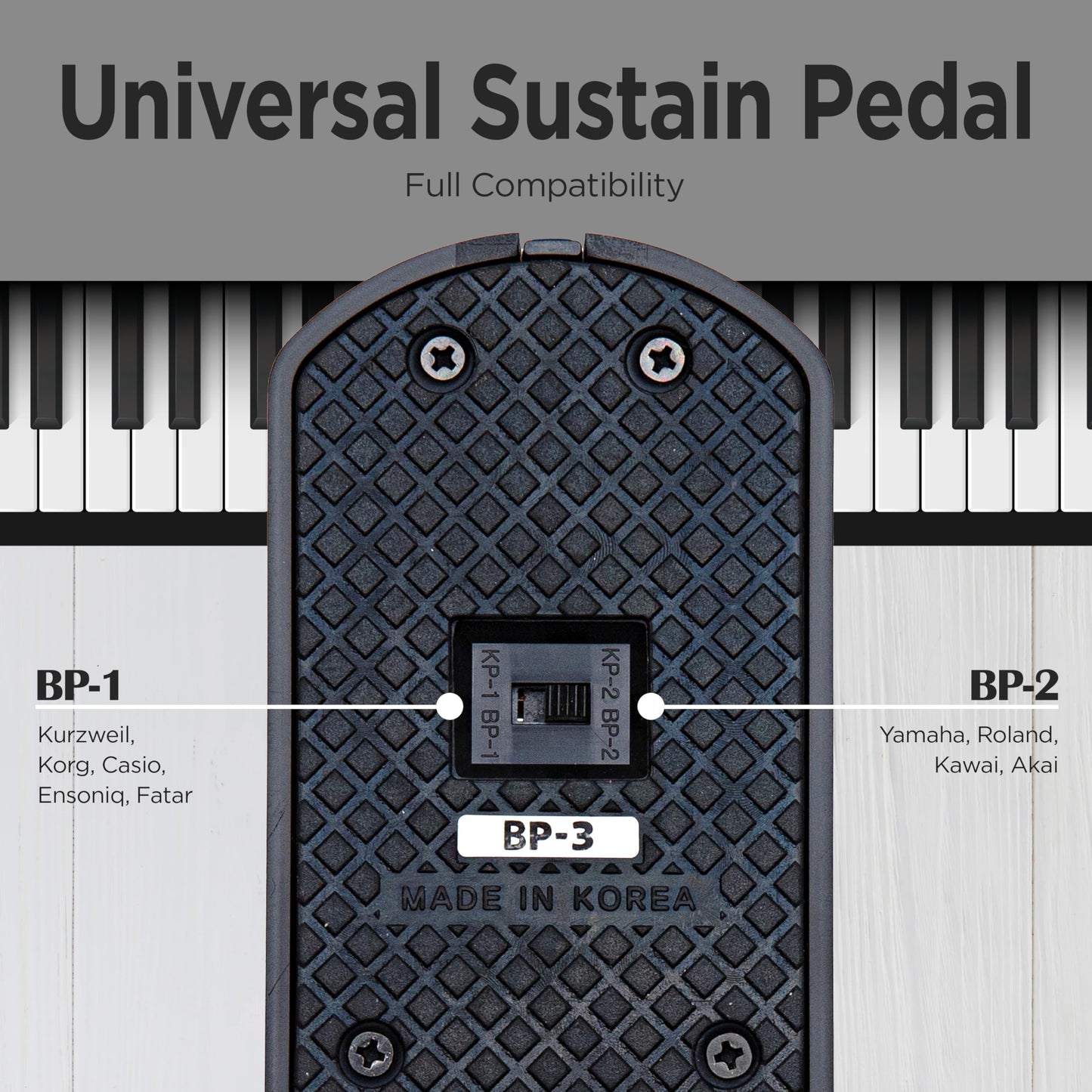 VALDI BP-3 Sustain Pedal White - Universal Pedal for Keyboard Piano, Digital Pianos, MIDI Keyboards & Synths - Conversion Switch for All Brands - 1/4'' Jack, Anti-Slip Design, Extended Cable