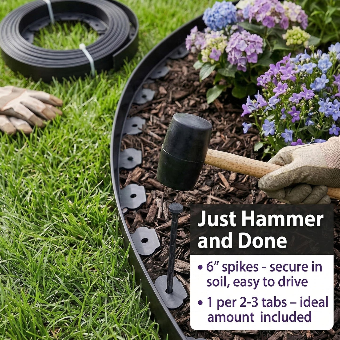 Gardzen 1.5" x 100' Landscape Edging Kit, Garden Edging Coil Comes with 120 Pcs Spikes, No Dig Lawn Border Design