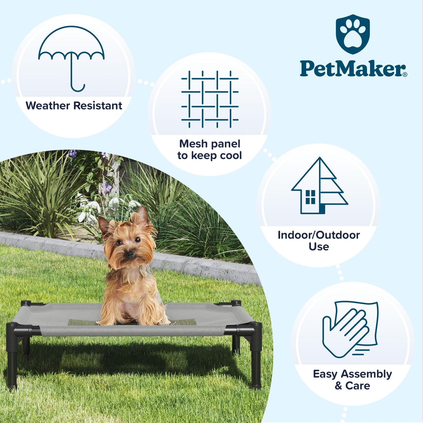 PETMAKER Elevated Pet Bed-Portable Raised Cot-Style Bed w/Non-Slip', 24.5”X 18.5”X 7” for Dogs, Cats, & Small Pets-Indoor/Outdoor Use (Gray) , Grey
