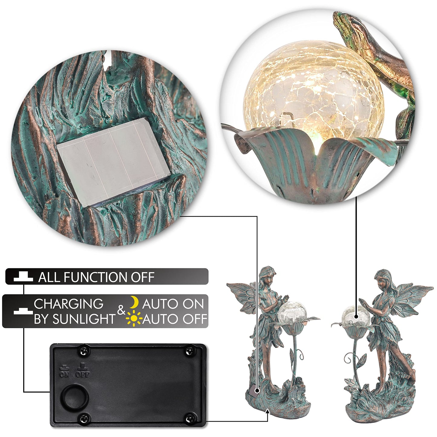TERESA'S COLLECTIONS Garden Fairy, Large Bronze Garden Sculptures & Statues with Solar Outdoor Light, Yard Art Lawn Ornaments for Outdoor Decor, Ideal Housewarming Gifts for Mom Mother Day 10.6"
