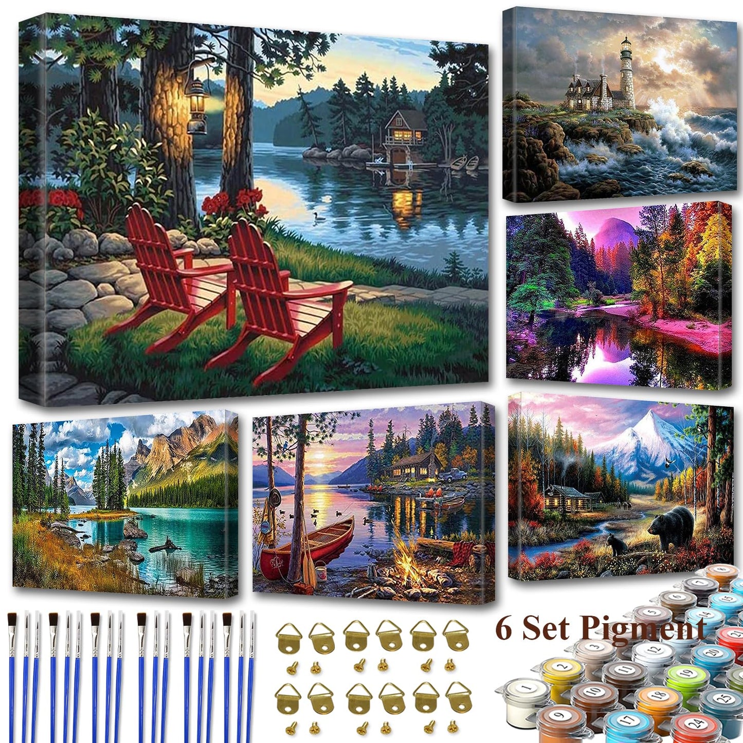 6 Pack Paint by Number for Adult Kits, JATOK 6 Sets Independent of Pigments DIY Landscape Oil Painting by Number Kits on Canvas for Adults Beginners for Home Wall Decoration 12 x 16in/30x40cm,Independent packaging Without Frames