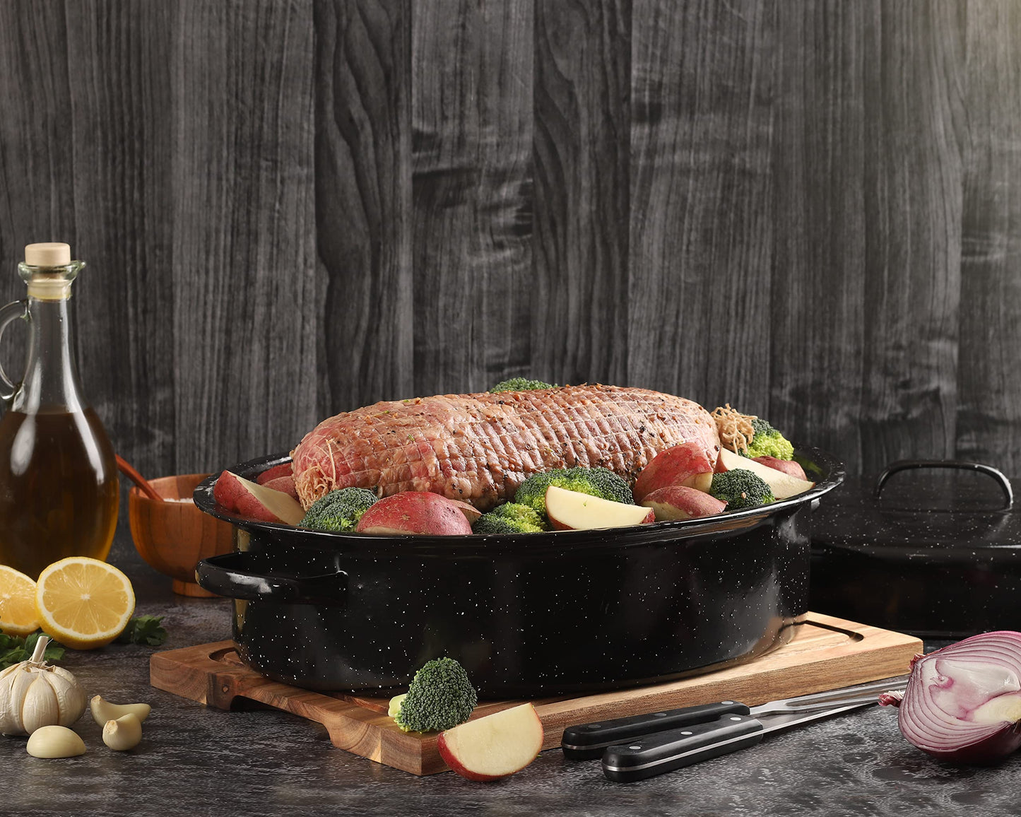 GOURMEX 22lb Oval Black Ceramic Enamel Coated Roasting Pan | Dutch Oven Pot With Lid | Dishwasher Safe, Oven Safe, Freezer Safe | Ideal For Chicken, Turkey Roasting Pan