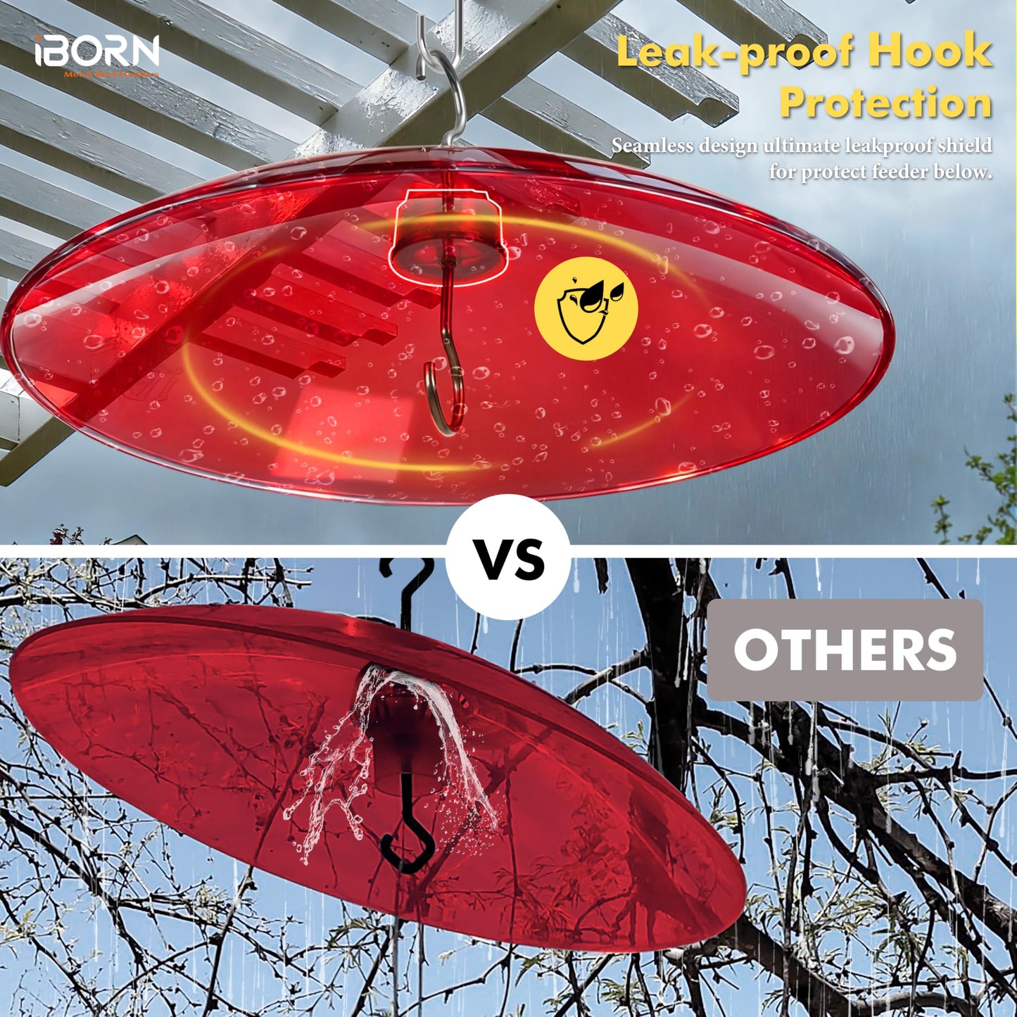 iBorn 13-inch Hummingbird Feeders Baffle, Weather Guard, for Hanging Bird Feeder for Outdoors Rain Guard, Chew-Proof Polycarbonate, Pack of 2, Red