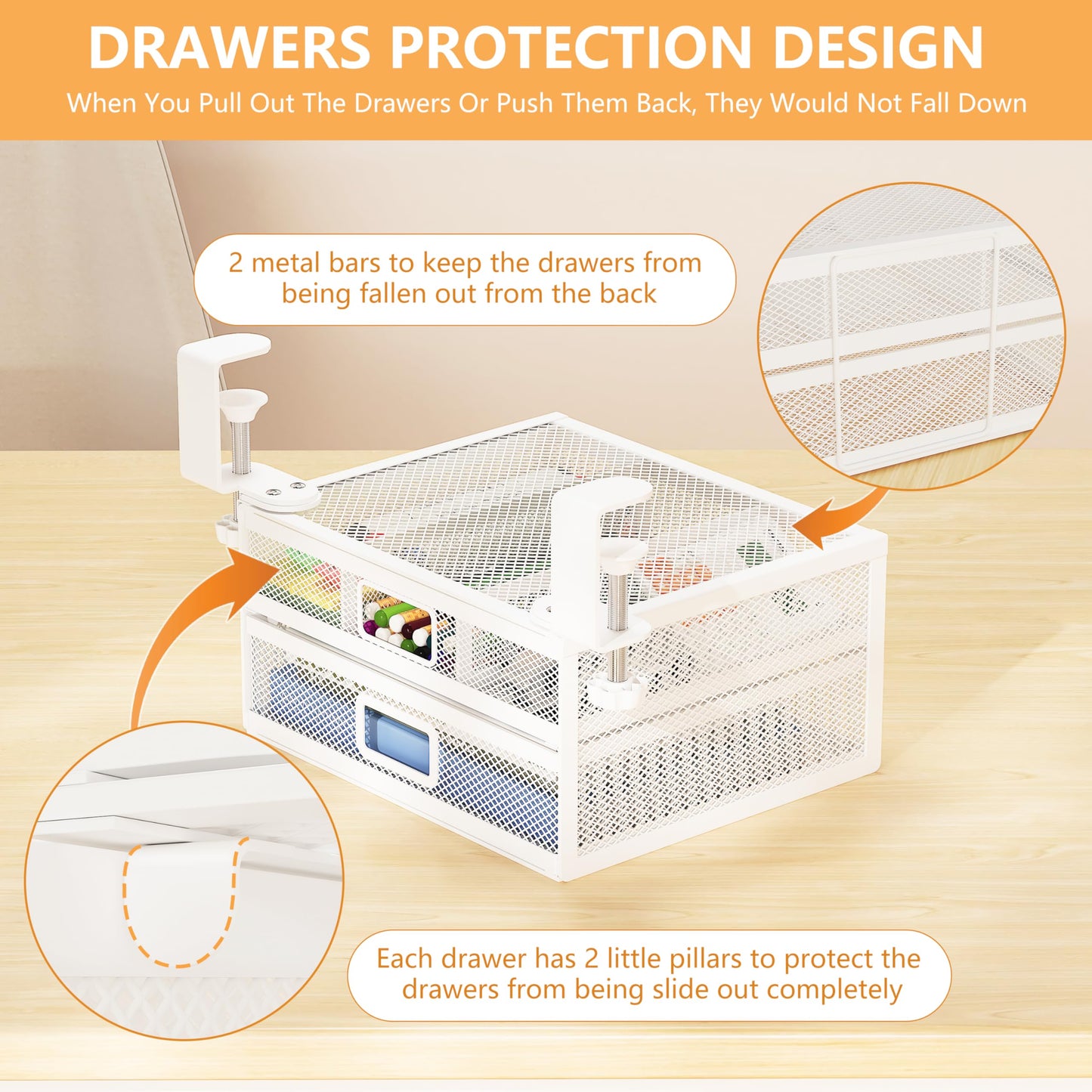 ROLIZOE Under Desk Drawer Organizer Clamp On with 2 Drawers Slide Out No Drilling Mesh Metal Drawer On Desktop Or Under Desk Storage Easy Install Anti-Slip Under Shelf Storage for Home Office, White
