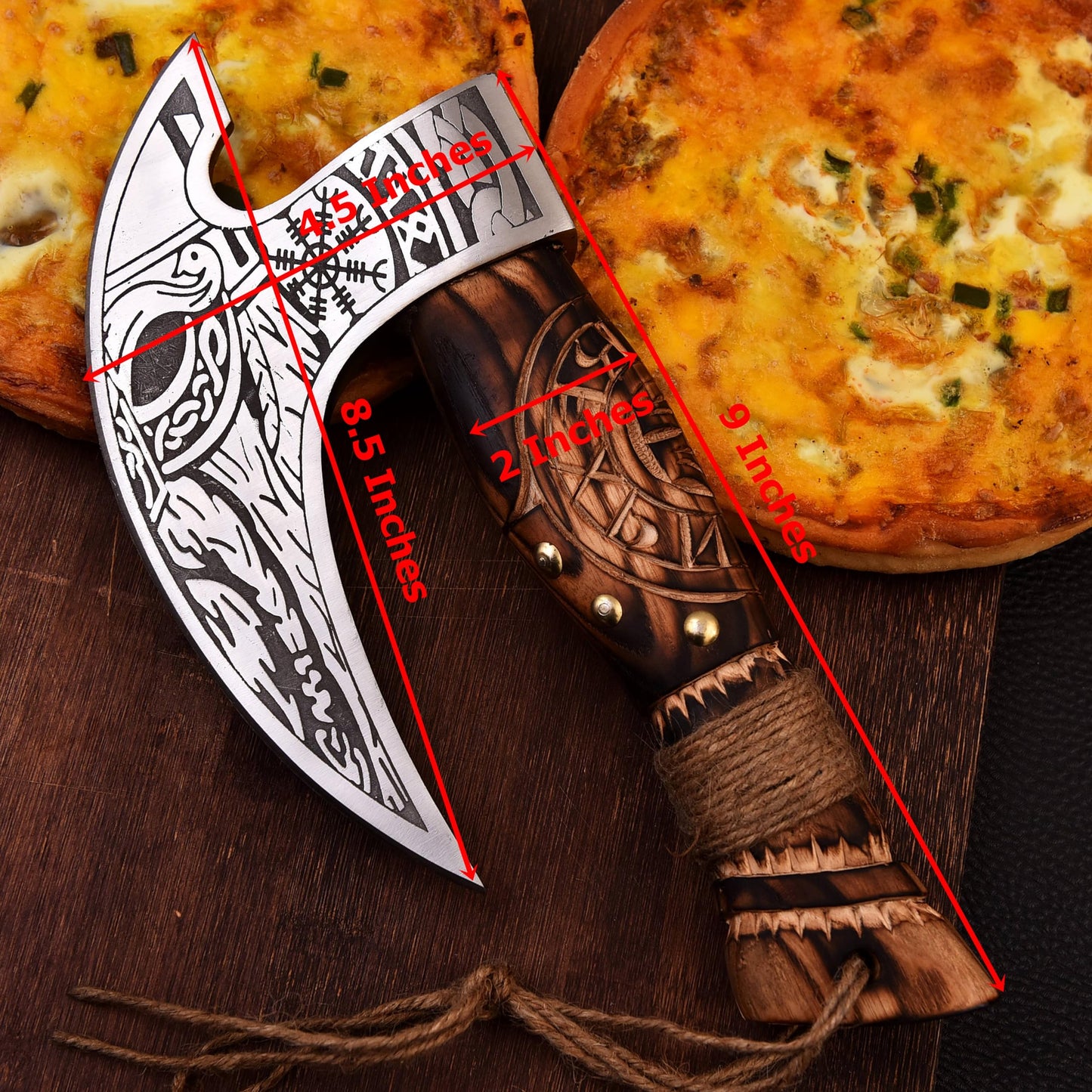 MR. CRAFT Pizza Cutter Axe Rocker by - Carbon Steel Slicer Chef Pizza Cutter Viking Axe with Leather Cover - Premium Pizza Oven Accessories Ulu Rocking Pizza Gift Gifts for Men (Engraved Ash Wood)