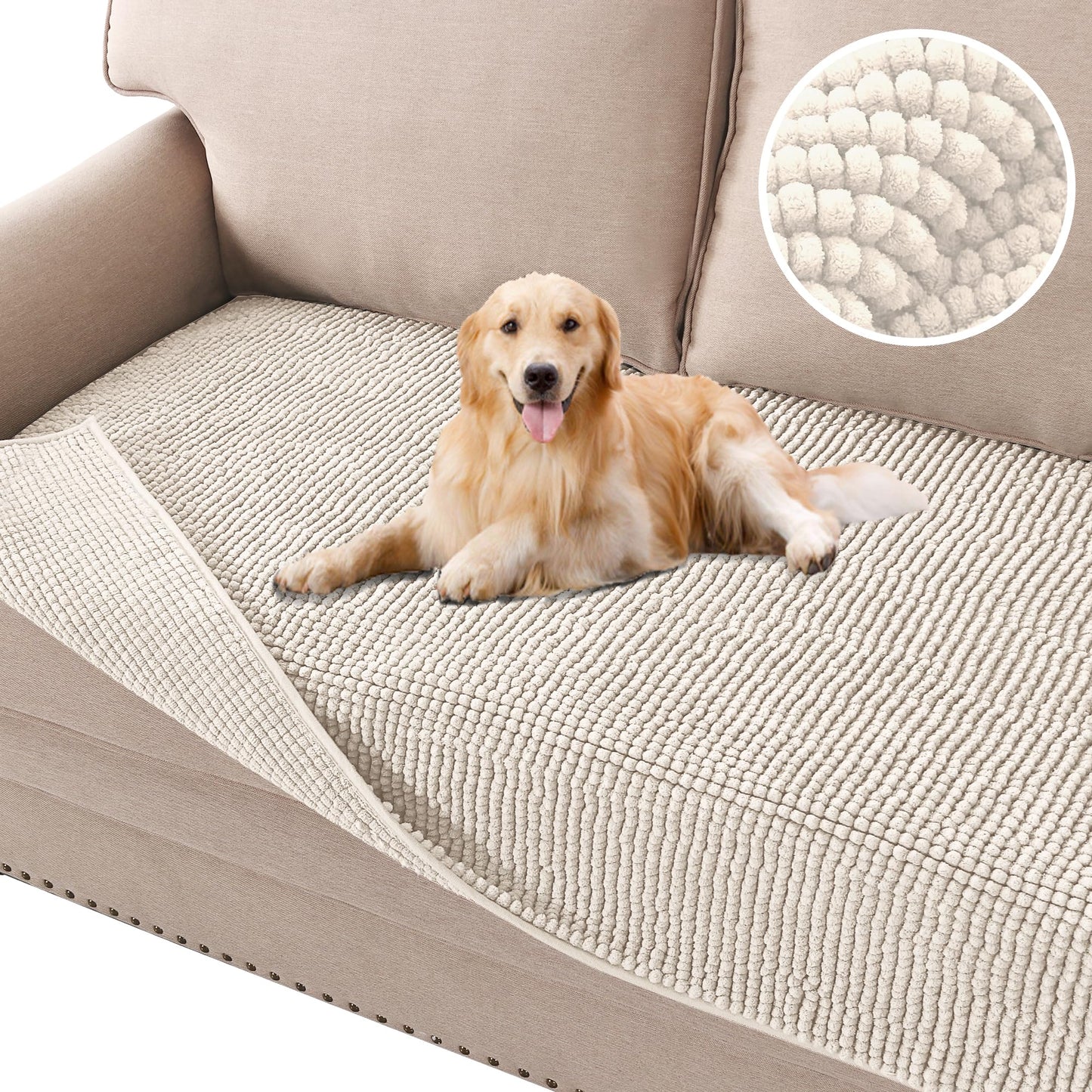 H.VERSAILTEX Plush Sofa Cover 3 Seater Chenille Dog Bed Cover Anti Slip Couch Covers Sofa 3 Seat Furniture Protector for Dog, Pet, Cat (35" x 82", Ivory)