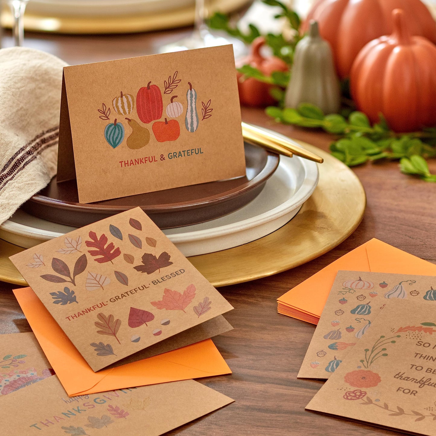 Hallmark Kraft Thanksgiving Cards Assortment (24 Assorted Cards with Envelopes) Leaves, Pumpkins, Gourds