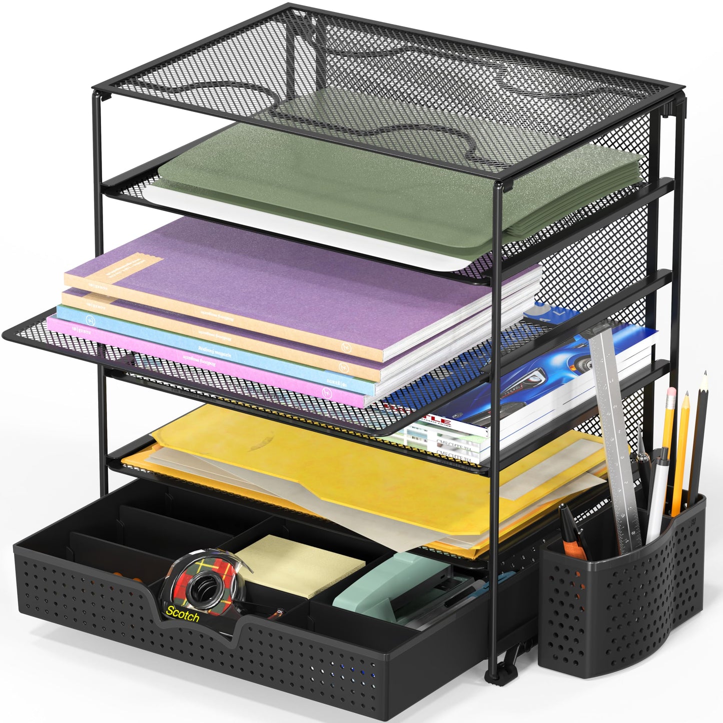 Simple Houseware 5-Tier Desktop Document Tray Organizer with Sliding Drawer and Pen Holder, Black