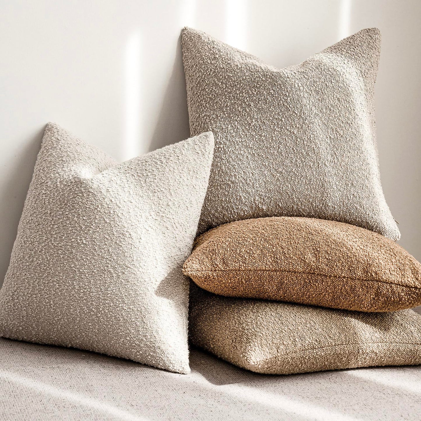 Foindtower Pack of 2, 20 x 20 Inch, Decorative Textured Boucle Throw Pillow Covers Accent Solid Pillow Cases Cozy Soft Couch Cushion Case for Chair Sofa Bedroom Living Room Home Decor, Beige