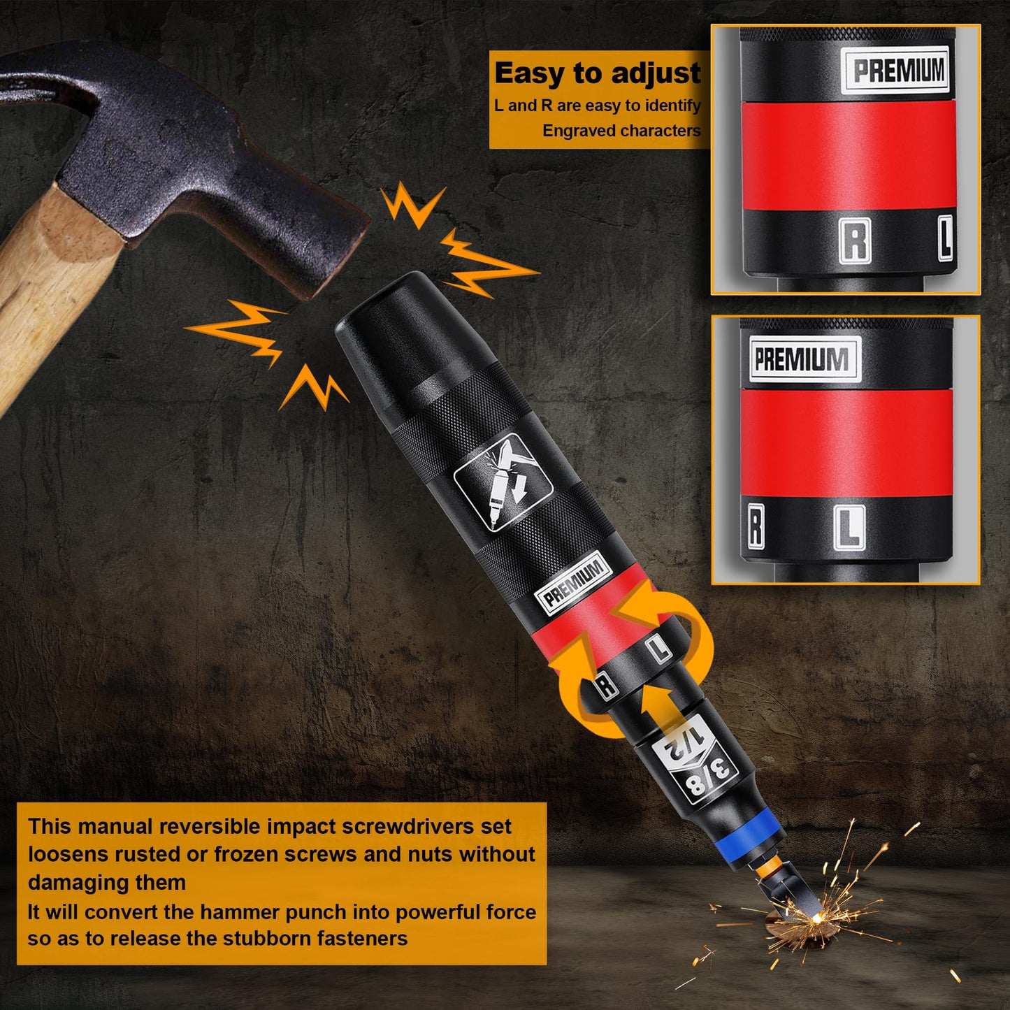 Aiourx 1/2 Inch Drive Manual Impact Driver Set, Reversible Impact Screwdriver Kit, S2 Steel Bits, for Loosen Rusted Fasteners or Frozen Bolts