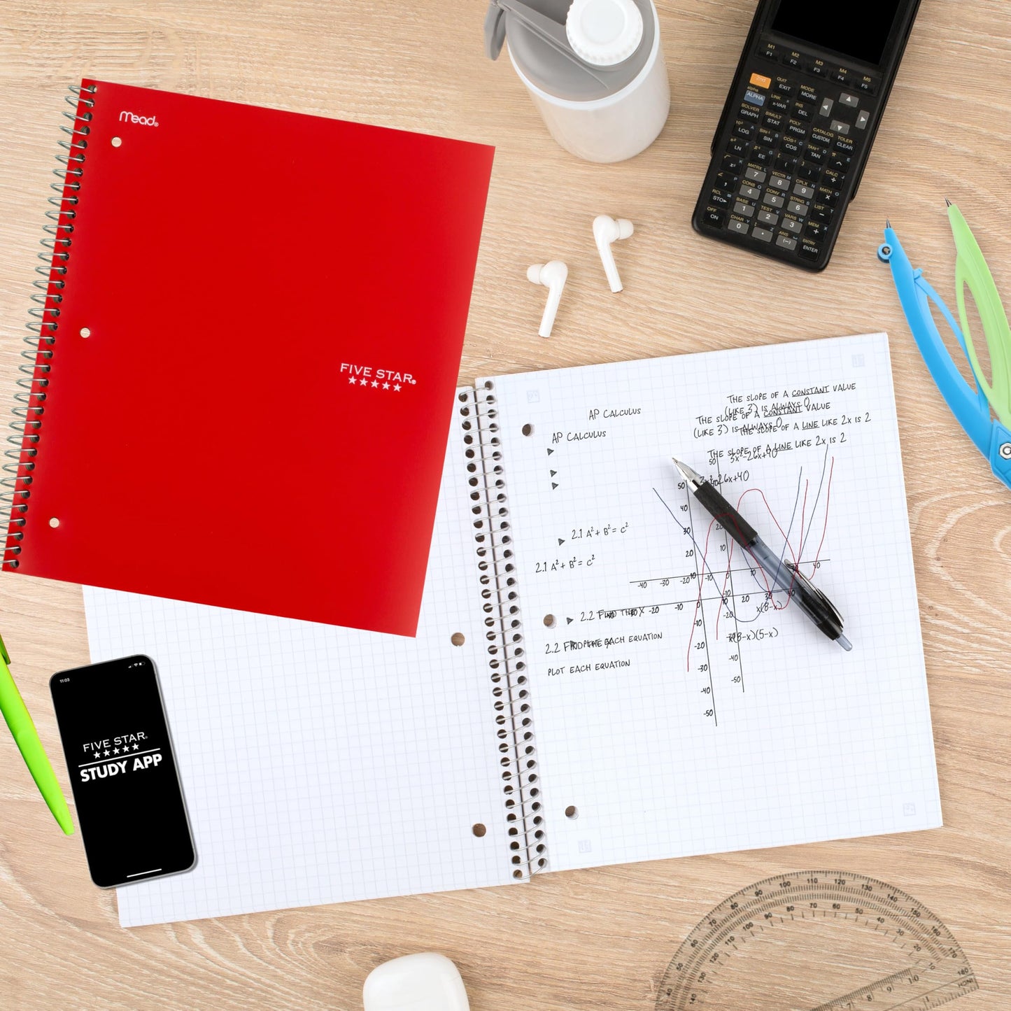 Five Star Spiral Notebook, 1 Subject, Graph Ruled Paper, 100 Sheets, 11" x 8-1/2", Black, Red, Lime, Cobalt Blue, Royal Purple, White, 6 Pack (73549)