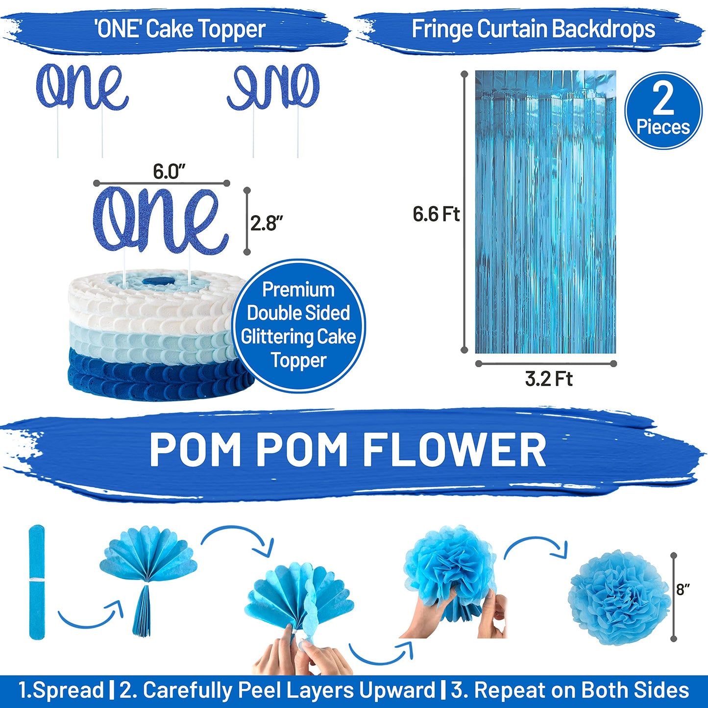 PartyHooman Boy 1st Birthday Decors: Package With Photo Banner, Backdrop, Crown, High Chair Banner & Supplies